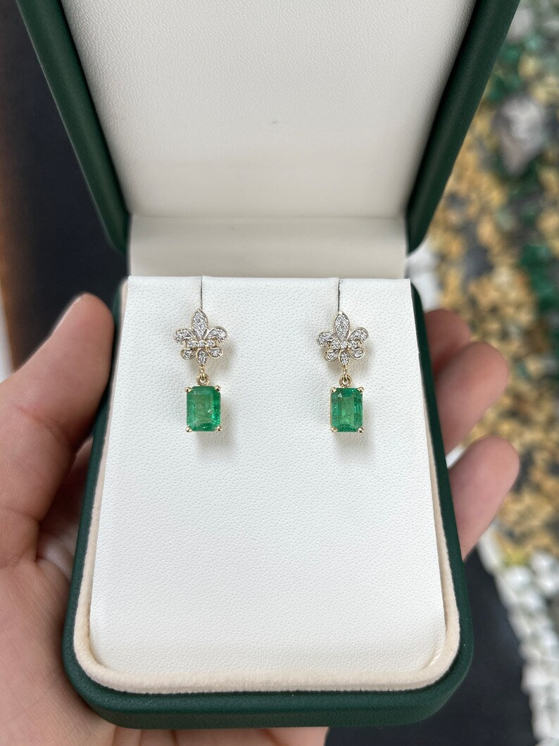2.55ctw 14K Gold Natural Medium Yellowish Green Emerald & Diamond Fleur De Lis Dangle Earrings for Women - Elegant Jewelry Gift for Brides, Weddings & Special Occasions