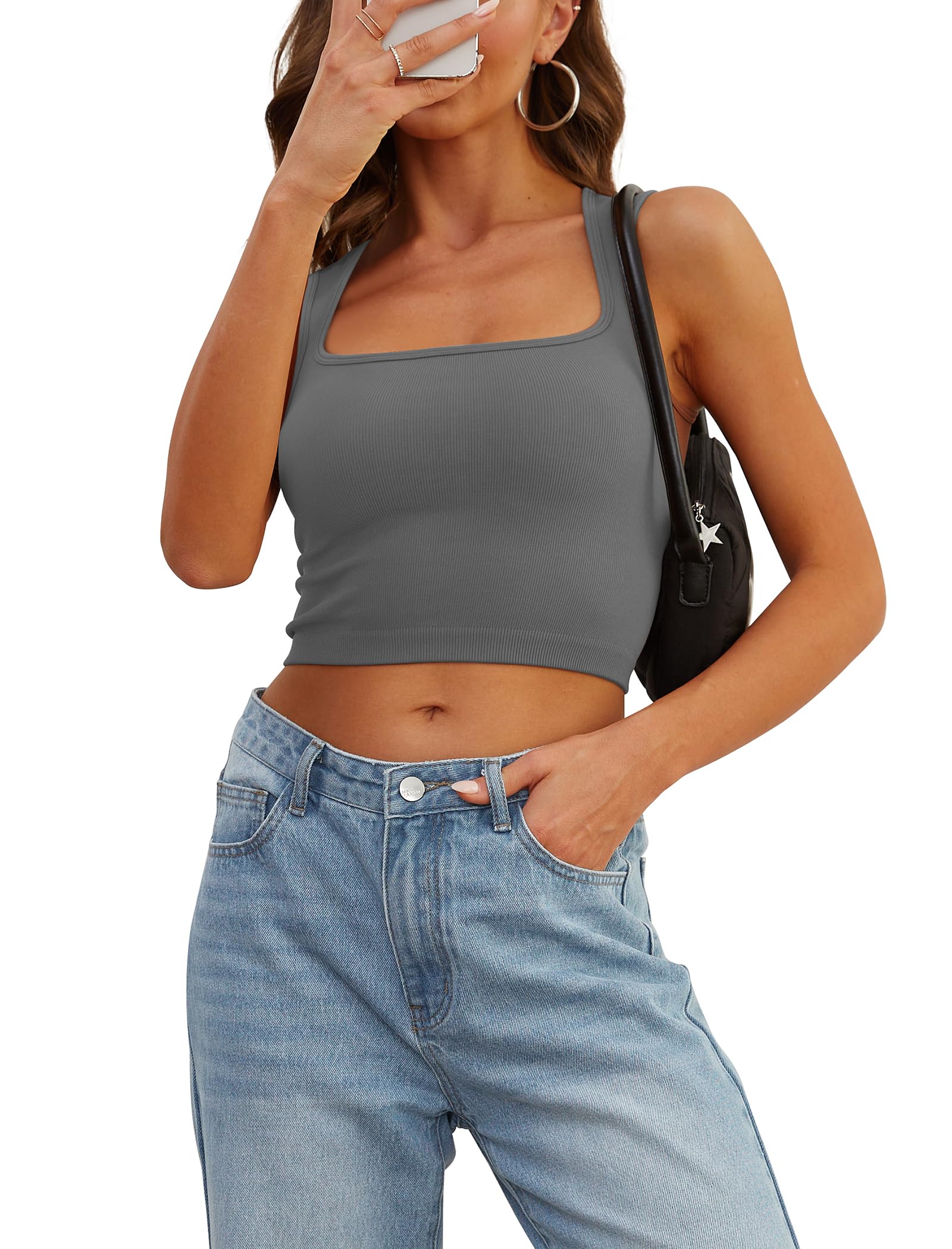 Trendy SAMPEEL Women's Square Neck Sleeveless Seamless Crop Tank Top - Perfect for Summer Outfits, Beachwear & Casual Going Out Looks