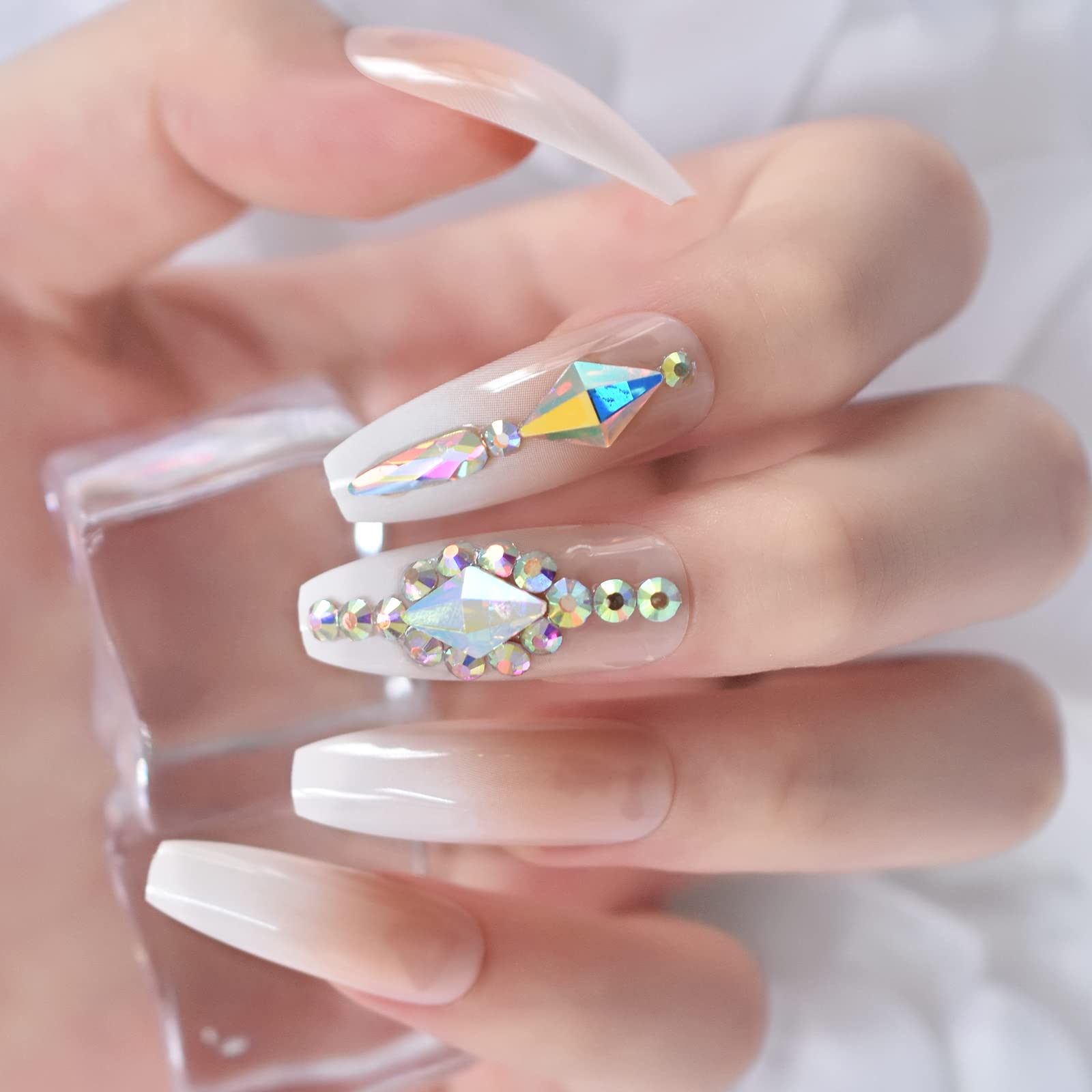 3D Bling Rhinestone Glitter Pink Nude Press on French Nails - Long Ballerina Coffin False Nails with Gradient Design - Natural Salon Manicure Reusable Fake Nails Art Tips for Parties, Weddings & Special Occasions