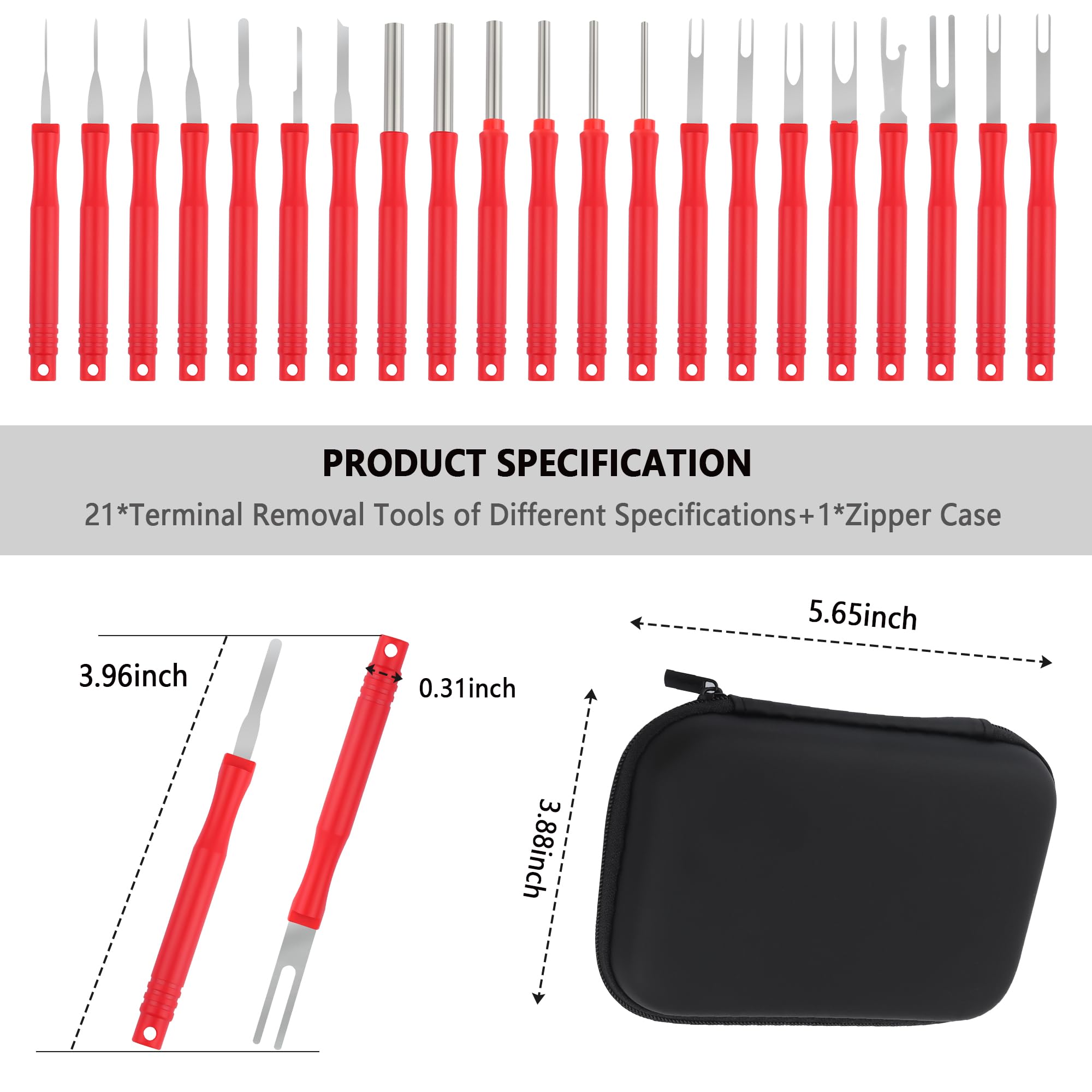 21PCS Automotive Terminal Removal Tool Kit with Zipper Case - Stainless Steel Electrical Pin Extractor, Depinning Tool Set for Car Connectors (Red) | Perfect for Auto Repair, Electrical Maintenance & DIY Projects