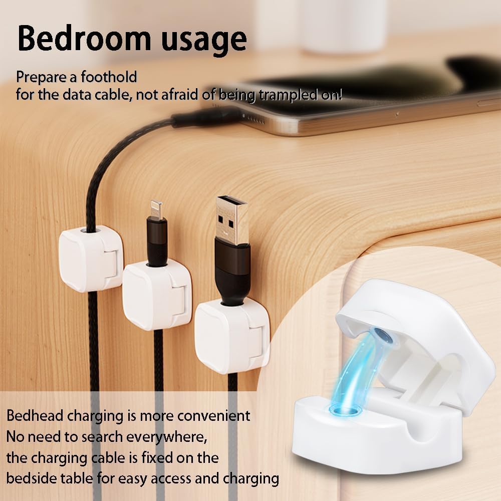 Magnetic Cable Clips 4 Pack - White Cord Organizer for Desk, Wall & Car | USB Charger Holder for Phone, Office, Nightstand & Desktop | Perfect for Home, Office & Travel Cable Management