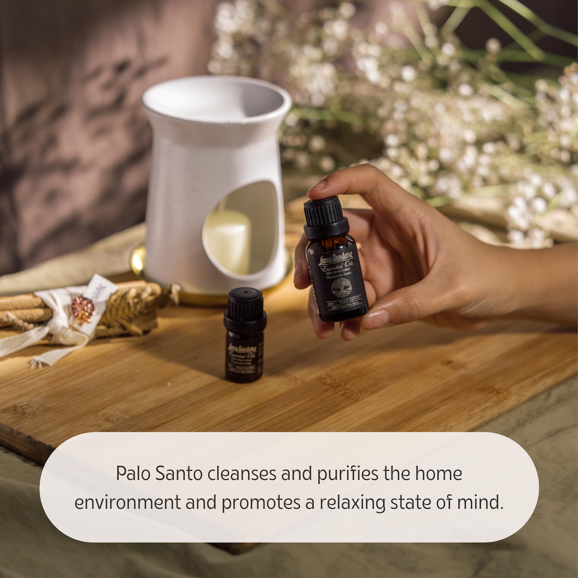 Luna Sundara 100% Pure Organic Undiluted Palo Santo Essential Oil - Wild-Crafted Therapeutic Grade Peruvian Palo Santo from Sustainable Wild Harvest - Perfect for Meditation, Aromatherapy, Spiritual Cleansing & Home Relaxation