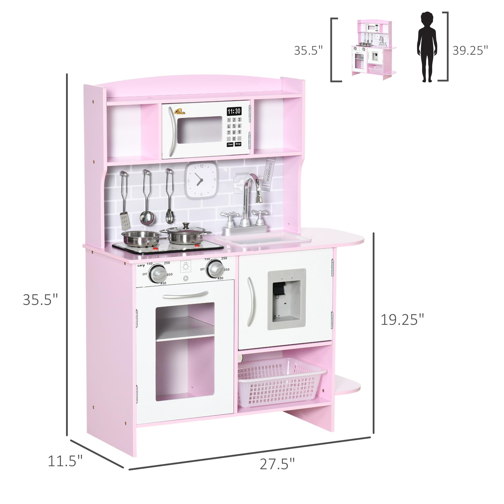 Qaba Kids Pretend Play Kitchen Toy Set - Realistic Design with Stove Lights, Storage & Water Dispenser - Educational Cooking Playset for Toddlers Ages 3-6 (Pink) - Perfect for Role Play, Birthday Gifts & Preschool Learning Activities
