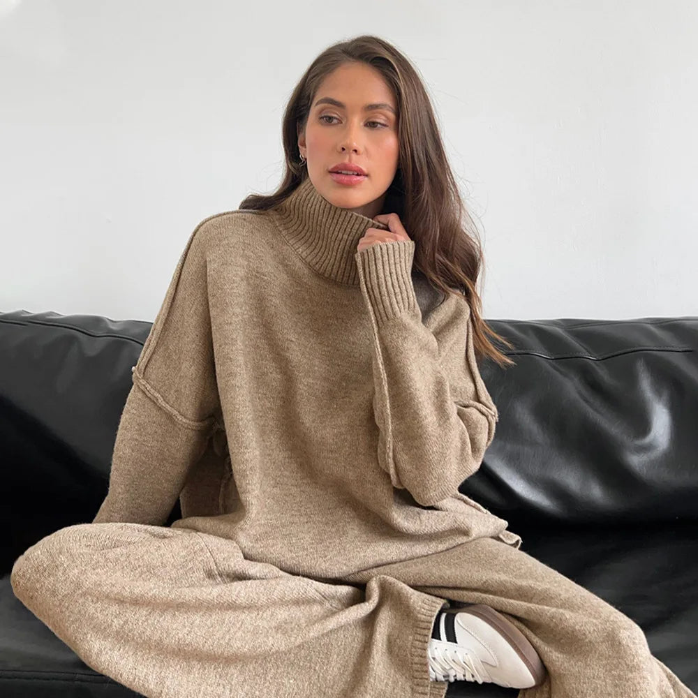 2025 Women's Turtleneck Sweater Set - European & American Style Loose Knit Pullover with Thickened Casual Pants for Autumn Winter | Office Wear, Weekend Outfits, Holiday Fashion
