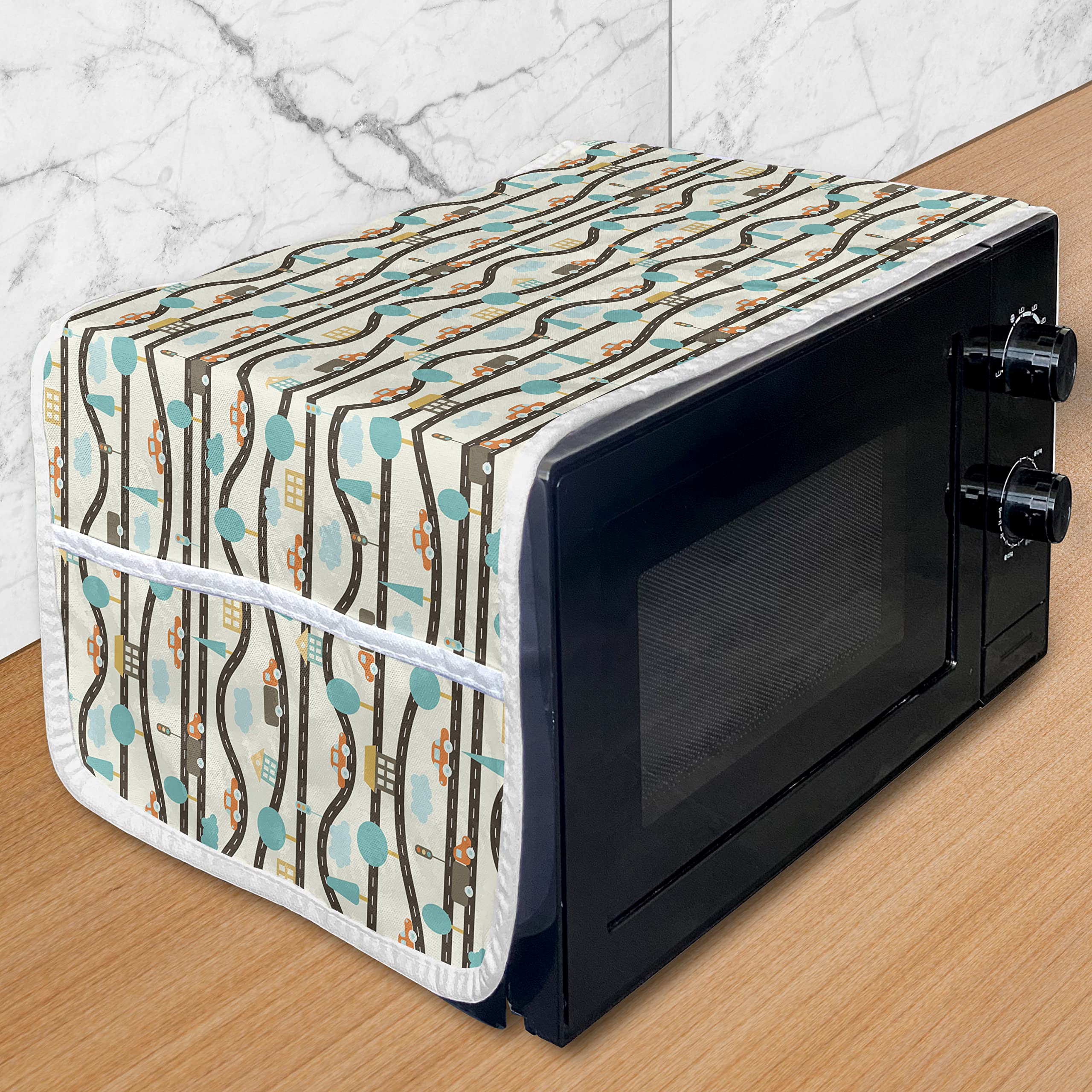 Ambesonne Cartoon Microwave Oven Cover - Wavy Roads, Cars, Traffic Signs & Trees Design - Water Resistant Kitchen Organizer with Pockets - 36
