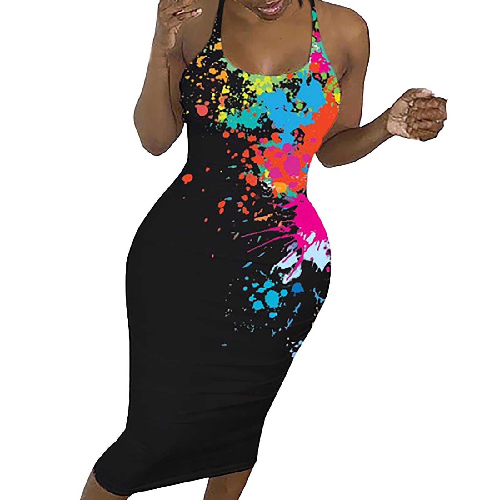 Women's Floral Sleeveless Halter Neck Bodycon Dress with Criss Cross Back & Belt - Sexy Summer Spaghetti Strap Backless Dress for Beach Party, Date Night & Vacation Outfits