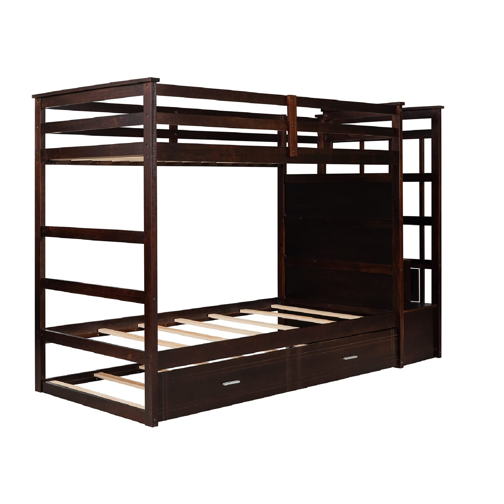 Twin Over Twin Bunk Beds with Trundle & Stairs - Wooden Storage Bunk Bed Frame with 4 Drawers for Kids, Boys, Girls & Teens - Espresso Finish - Perfect for Small Bedrooms, Guest Rooms & Vacation Homes