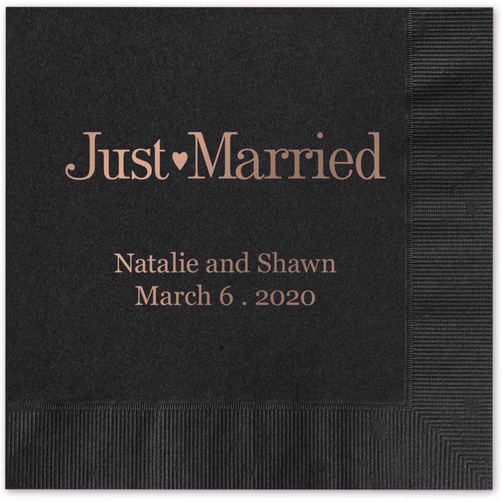 Just Married Personalized Cocktail Napkins - 100 Black Paper Beverage Napkins 4.75