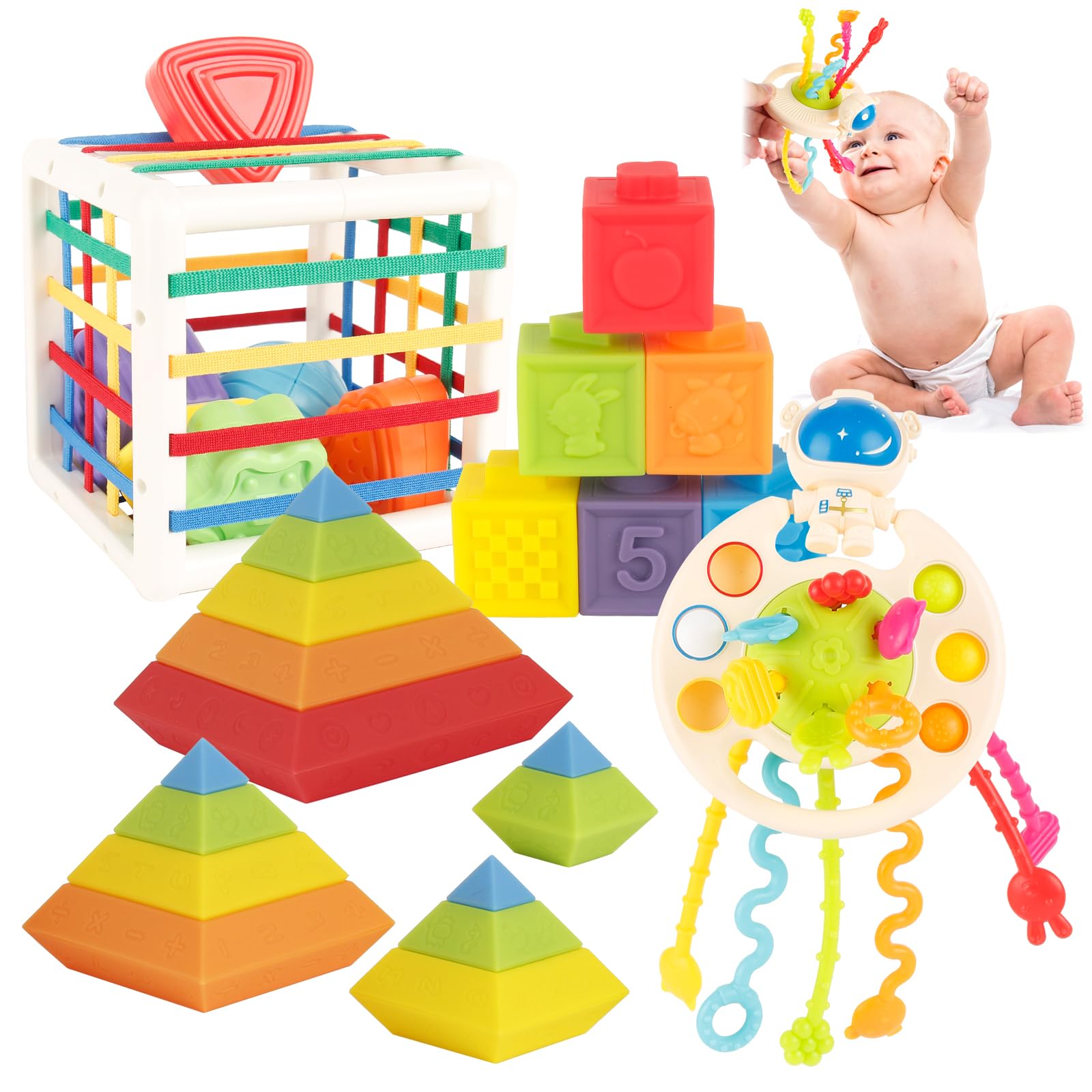 Ganowo Montessori Baby Toys for 6-18 Months - Silicone Stacking Blocks, Pull String Toys & Shape Sensory Learning Toys for 1 Year Old | Infant Development, Toddler Playtime, Early Education Gifts