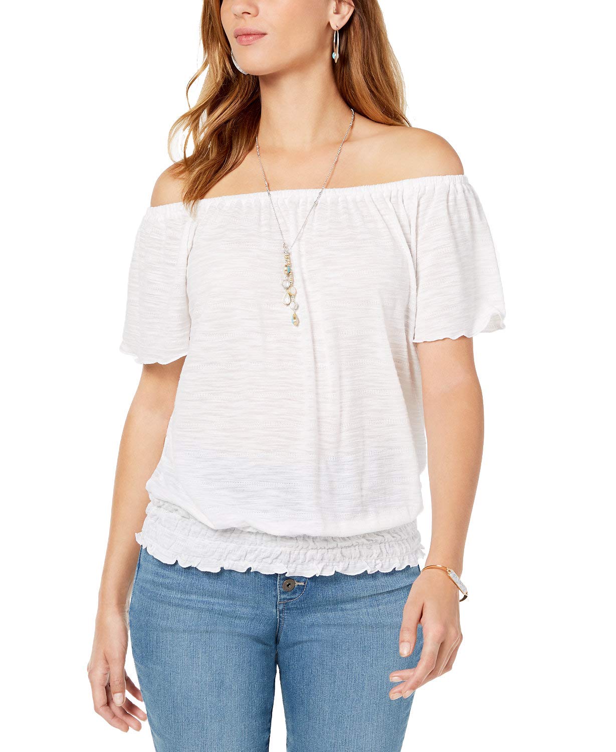 Style & Co. Women's Convertible Off-The-Shoulder Blouse - Winter White Medium Size | Versatile Fashion Top for Casual Outings, Date Nights & Beach Vacations