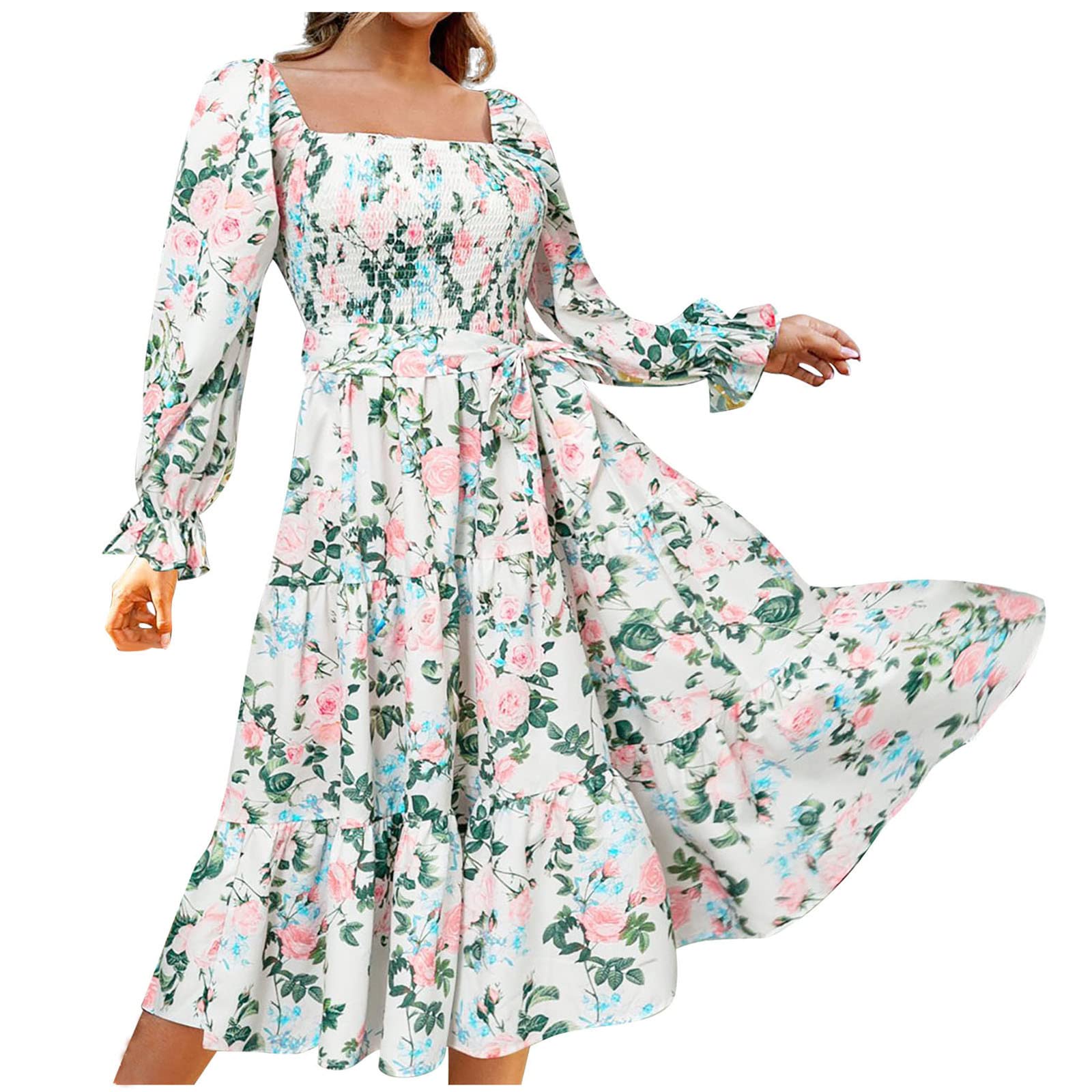 BmkBWO Women's Floral Ruffle Tiered Midi Dress - Long Puff Sleeve Wedding Guest Dress with Tie Waist for Casual Parties, Bridal Showers & Special Occasions