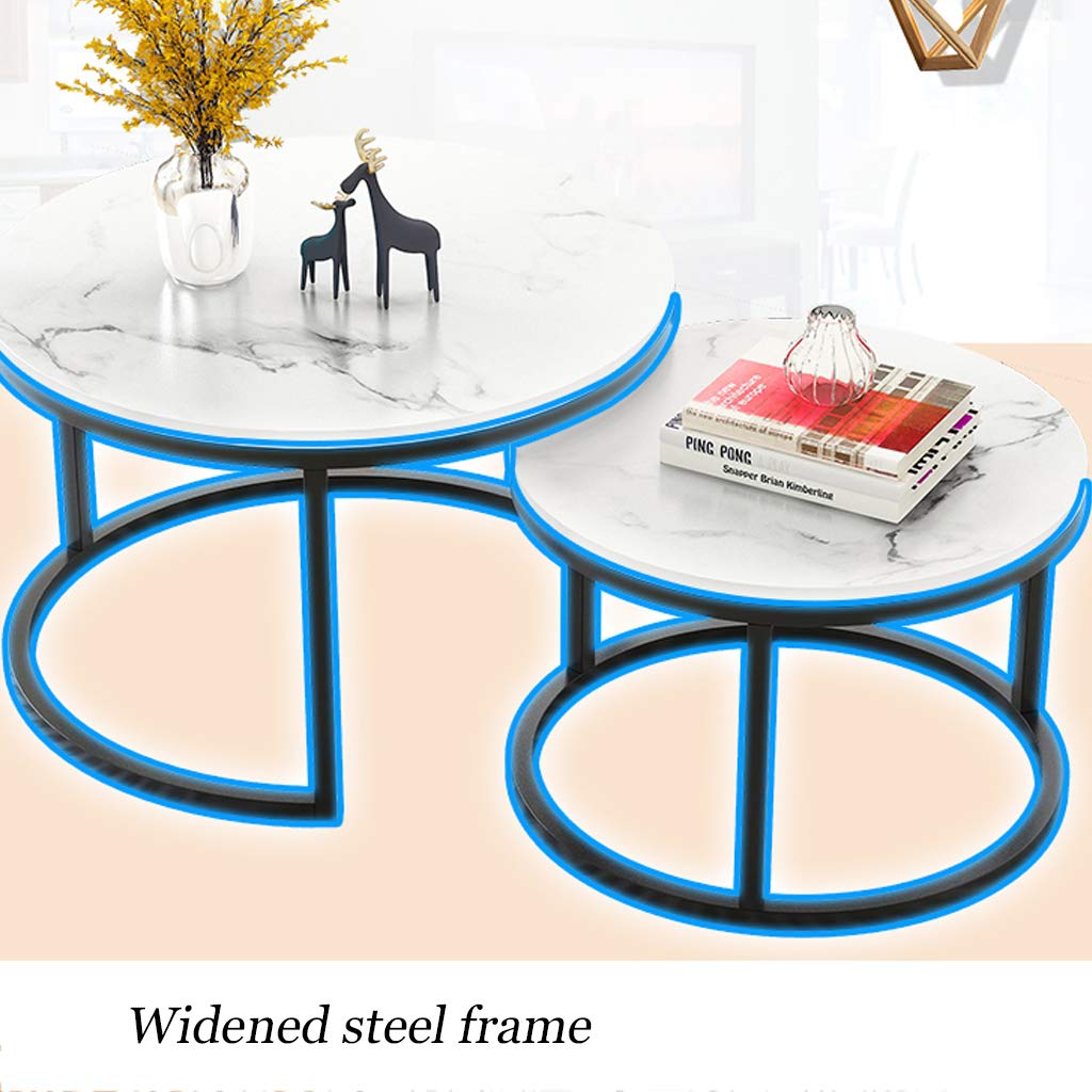 Modern Stackable Round Coffee Table Set of 2 - Marble Print & Steel Frame Nesting Side Tables for Living Room, Sofa End Tables - Easy to Clean & Space Saving - Perfect for Small Spaces, Apartments & Cozy Home Decor