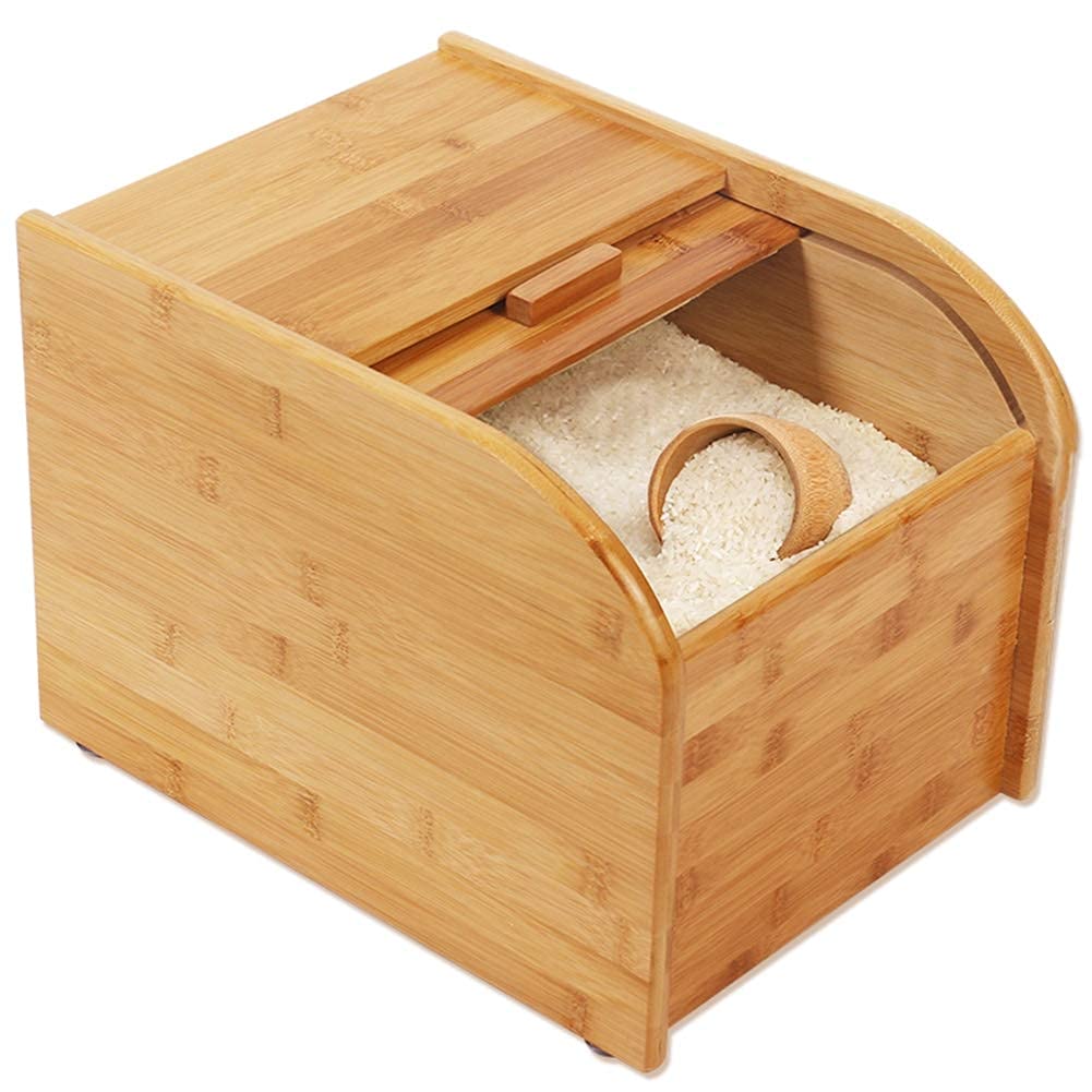 Premium Wooden Rice Storage Container with Measuring Cup - 5KG Airtight Kitchen Food Bin for Cereal, Flour, Dry Goods - Perfect for Pantry Organization & Bulk Food Storage