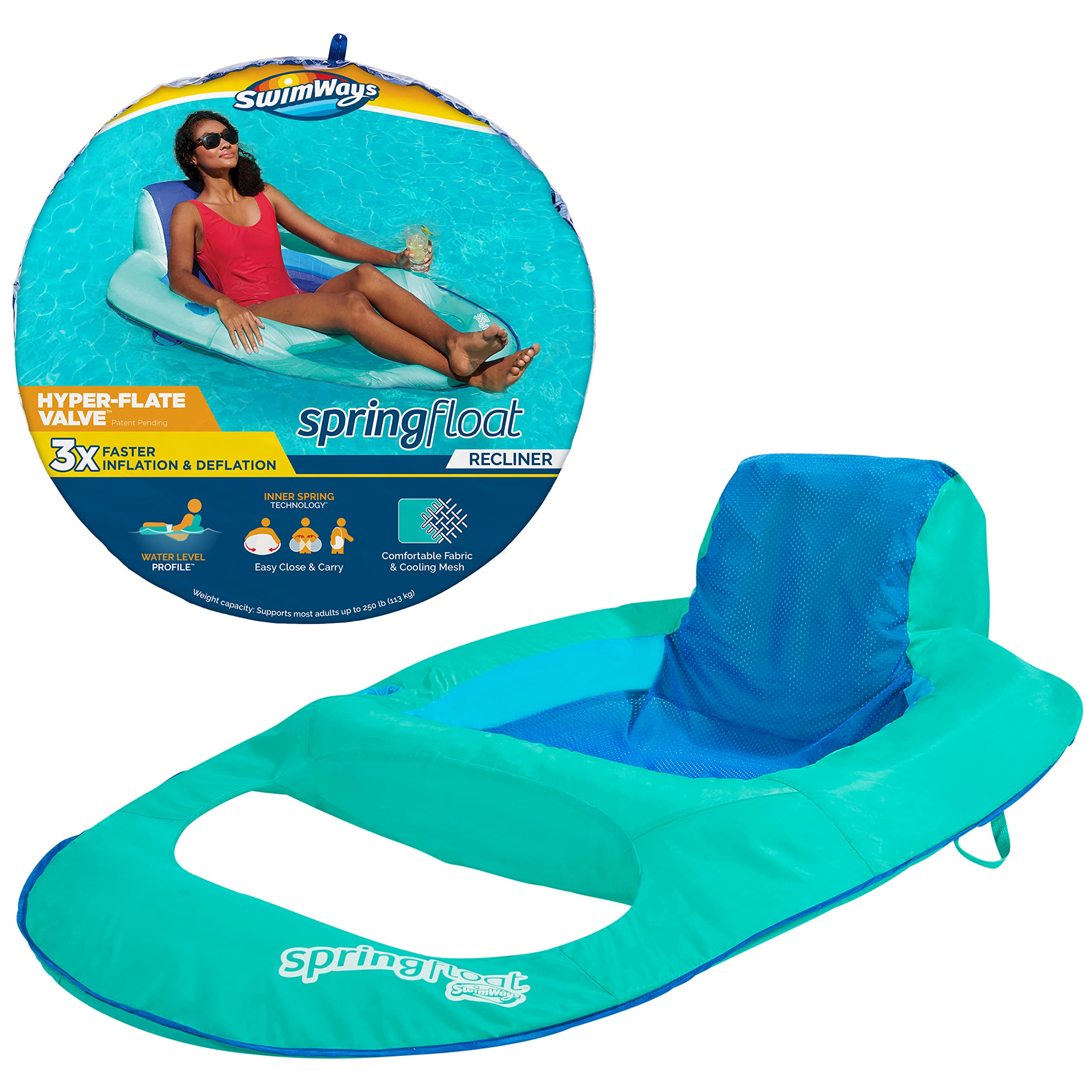 SwimWays Spring Float Reclining Pool Lounge Chair - Quick Inflatable Floating Lounger for Adults with Cup Holder & Footrest - Ages 15+ (Aquamarine) - Perfect for Relaxing by the Pool, Lake or Beach