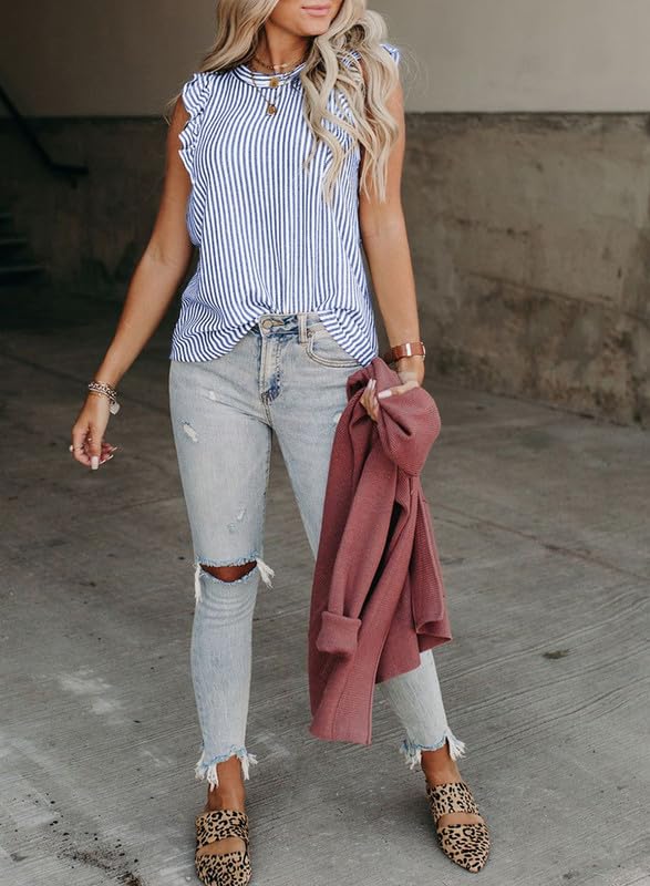 SHEWIN Women's Summer Crewneck Tank Tops - Casual Ruffle Sleeveless Blouse for Spring/Summer 2024 Fashion - Perfect for Beach, Vacation & Daily Wear