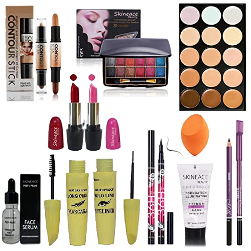 Skineace 3D Eyeshadow Palette & 2-in-1 Contour Stick Makeup Kit - Includes Concealer, Eyeliner, Mascara, 2 Lipsticks, Primer, Sketch Pen, Eyebrow Pencil & Face Serum - Perfect for Professional Makeup & Daily Beauty Routine