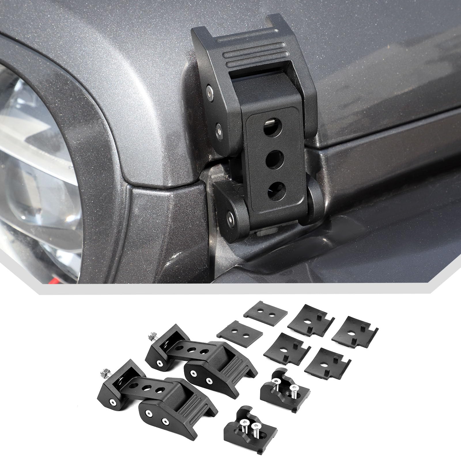 JeCar Aluminum Hood Latches Locking Kit for Jeep Wrangler JK JKU (2007-2018) & JL JLU (2018-2024) | Gladiator JT (2020-2024) | D-Style Design | Off-Road Security Upgrade | Perfect for Trail Riding & Daily Driving