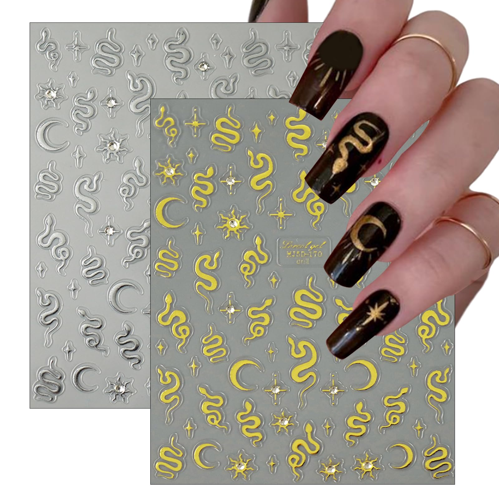 5D Gold & Silver Crystal Diamond Snake Nail Art Stickers - 2 Pack Embossed Self-Adhesive Horror Nail Decals for Women | Moon & Sun Nail Designs, Perfect for Halloween, Cosplay, and Gothic Nail Art Decoration