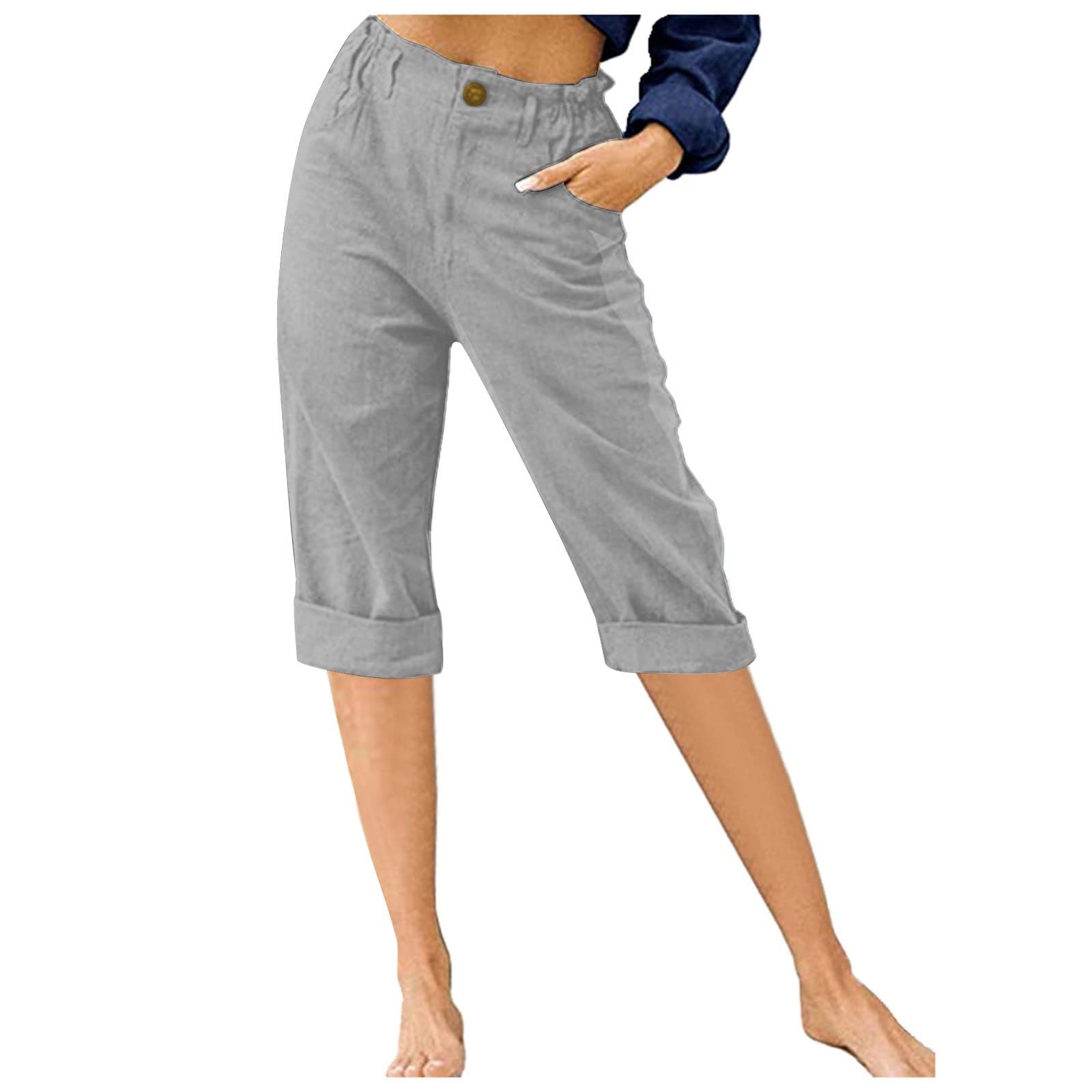 Women's Linen Pants 2024 - High Waisted Stretch Capris for Summer | Comfortable Boho Lounge Pants with Mid Rise | Perfect for Yoga, Beach Vacations & Casual Outings