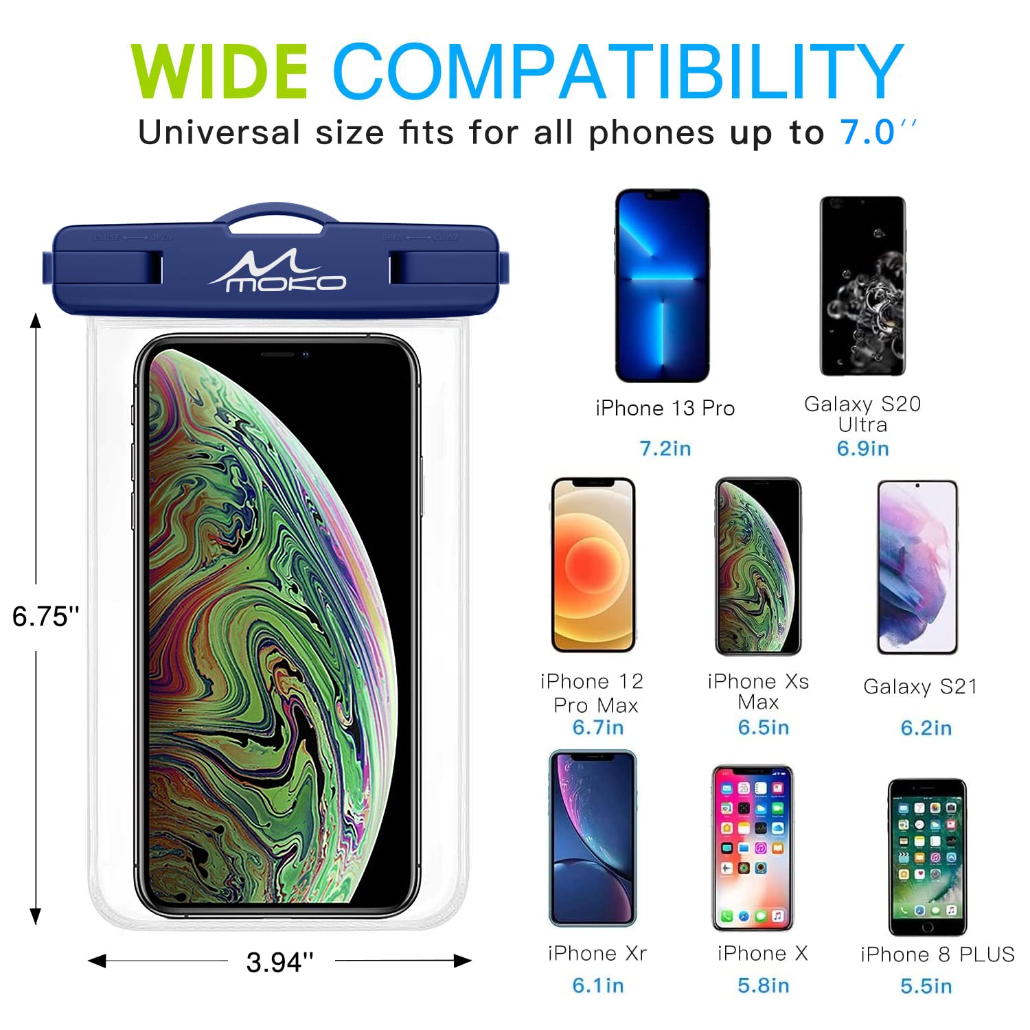 MoKo Waterproof Phone Pouch [3 Pack] - IPX8 Certified Underwater Clear Dry Bag with Lanyard for iPhone 13 Mini/12/11 Pro Max/X/Xr/Xs/SE 3/2 & Samsung S21/S9/Note 10 - Indigo, Army Green, Black - Perfect for Swimming, Beach, Kayaking & Outdoor Activities
