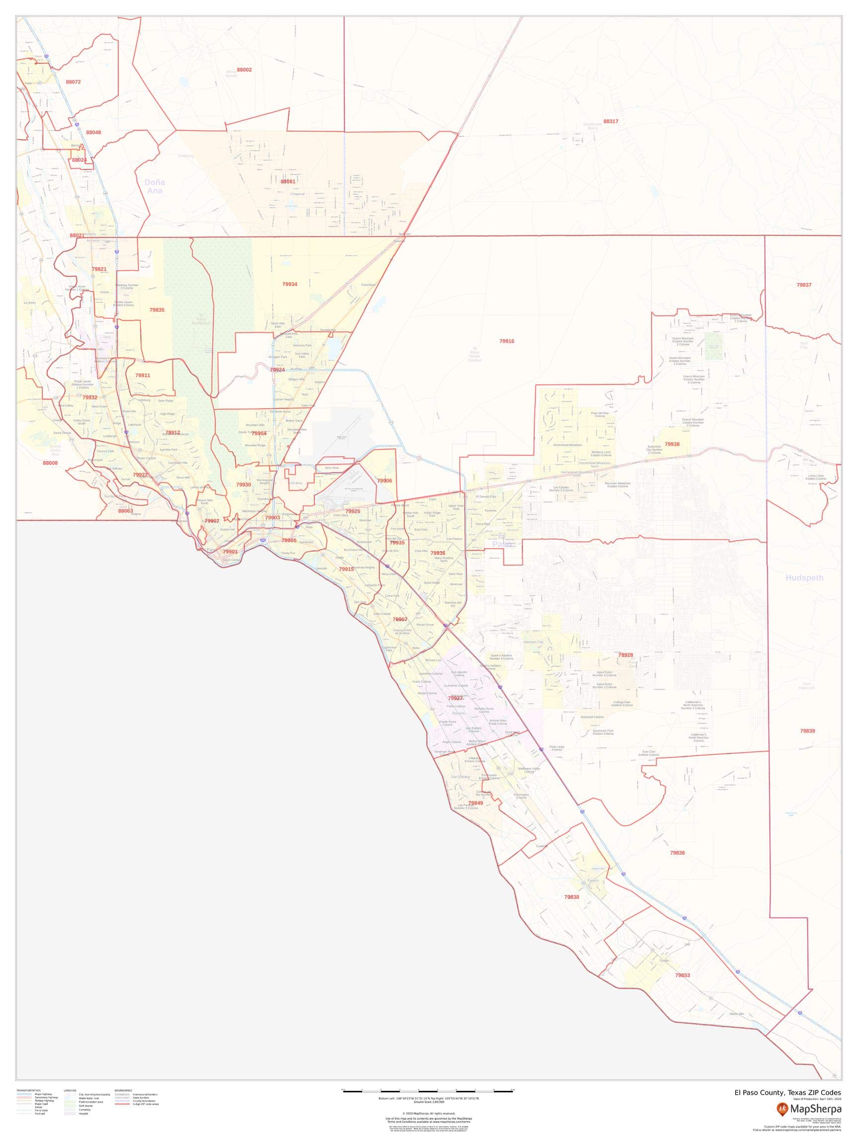 El Paso County Texas Zip Code Map - 36