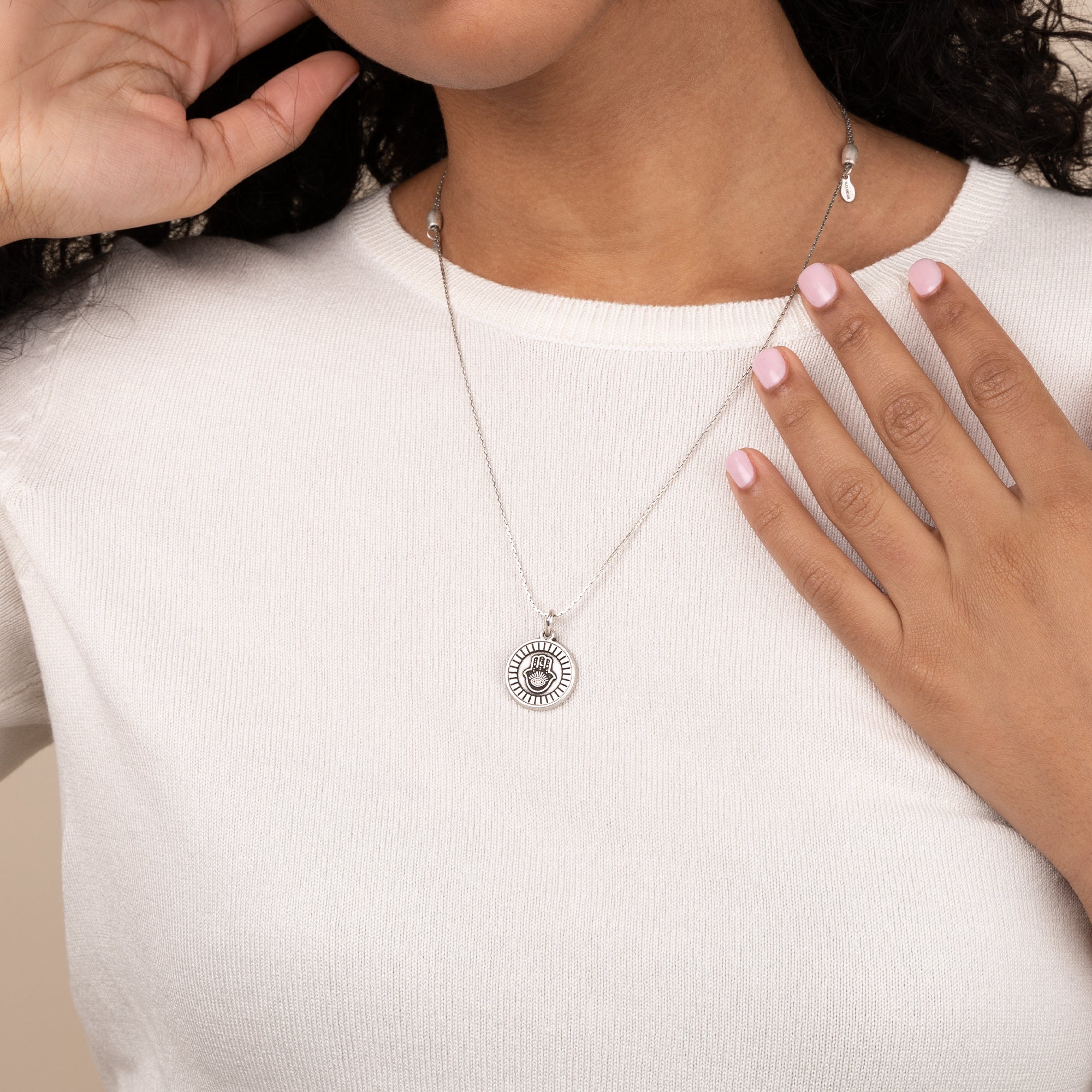 Hamsa Embossed Charm Necklace for Women - Hand of Fatima Pendant Jewelry - Spiritual Protection & Boho Fashion Accessory for Everyday Wear, Gift Giving & Meditation