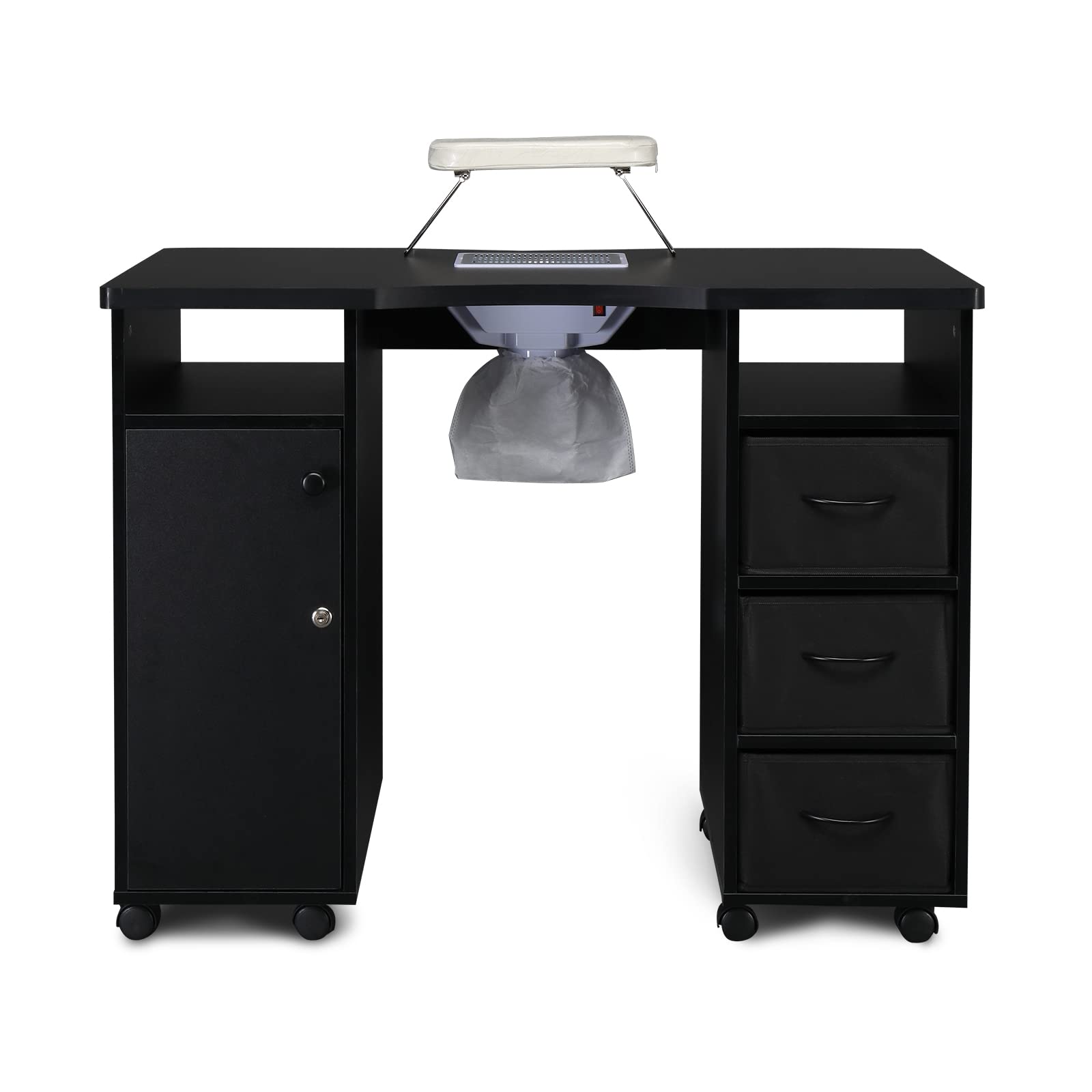 Professional Manicure Table with 4 Drawers & 2 Cabinets - Lockable Wheels Nail Tech Desk for Beauty Salon & Home Use - Perfect for Nail Artists, Spa Professionals & DIY Enthusiasts (Black)