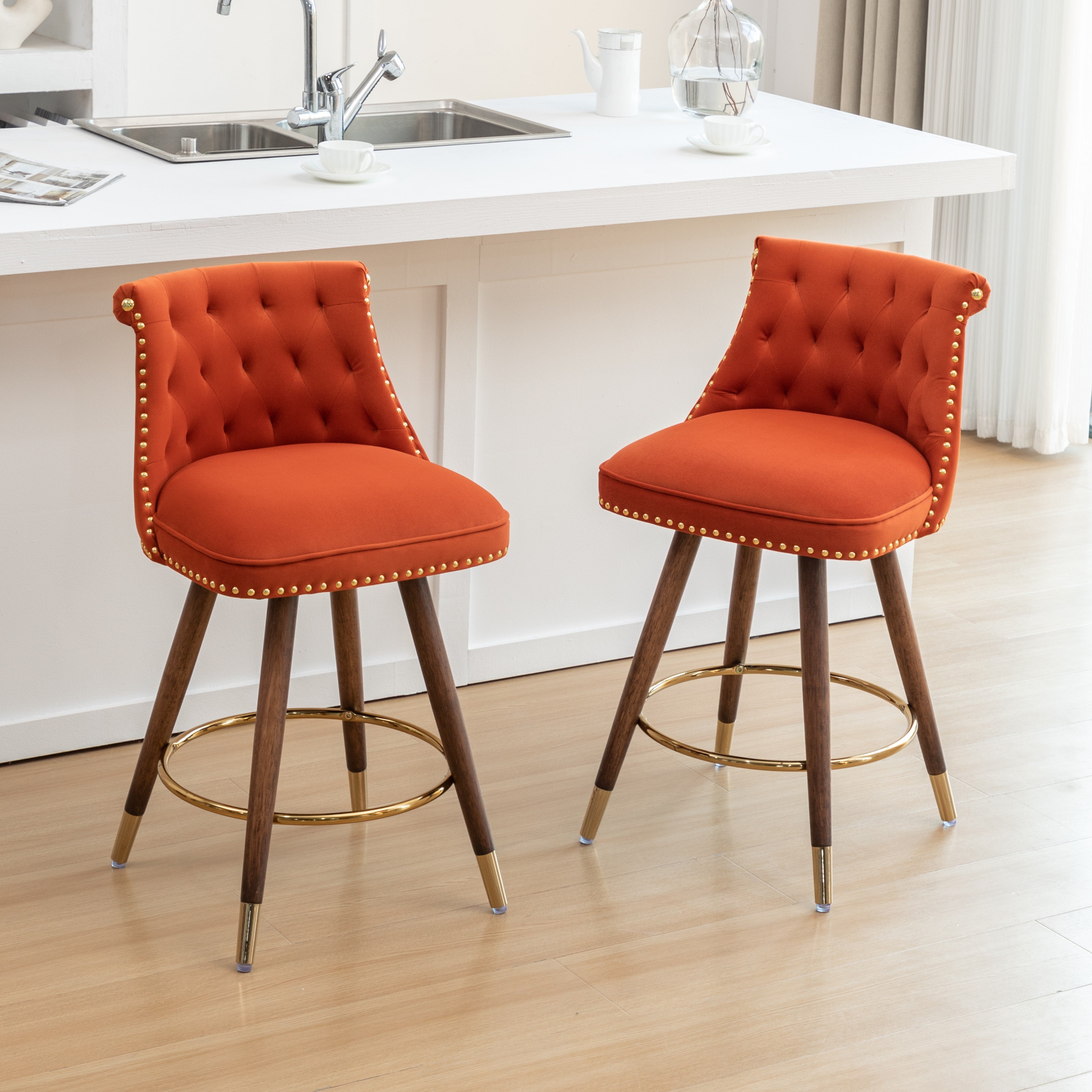 Roundhill Furniture Elvara Set of 2 Button Tufted Counter Stools with Nailhead Trim - Modern Kitchen Bar Stools for Breakfast Nook, Kitchen Island & Home Decor