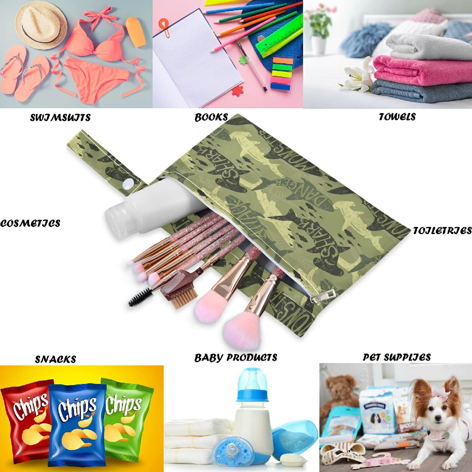 Visesunny 2-Pack Waterproof Wet Bags with Zipper Pockets - Camouflage Shark Print Reusable Travel Storage for Swimsuits, Gym Clothes, Diapers & Toiletries - Perfect for Beach, Pool, Daycare & Stroller Use