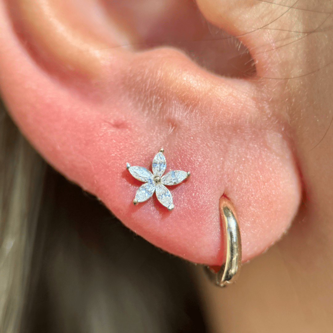 14K Yellow Gold Marquise Flower Flat Back Stud Earrings - Elegant Floral Dainty Jewelry for Women, Perfect for Weddings, Parties & Everyday Wear