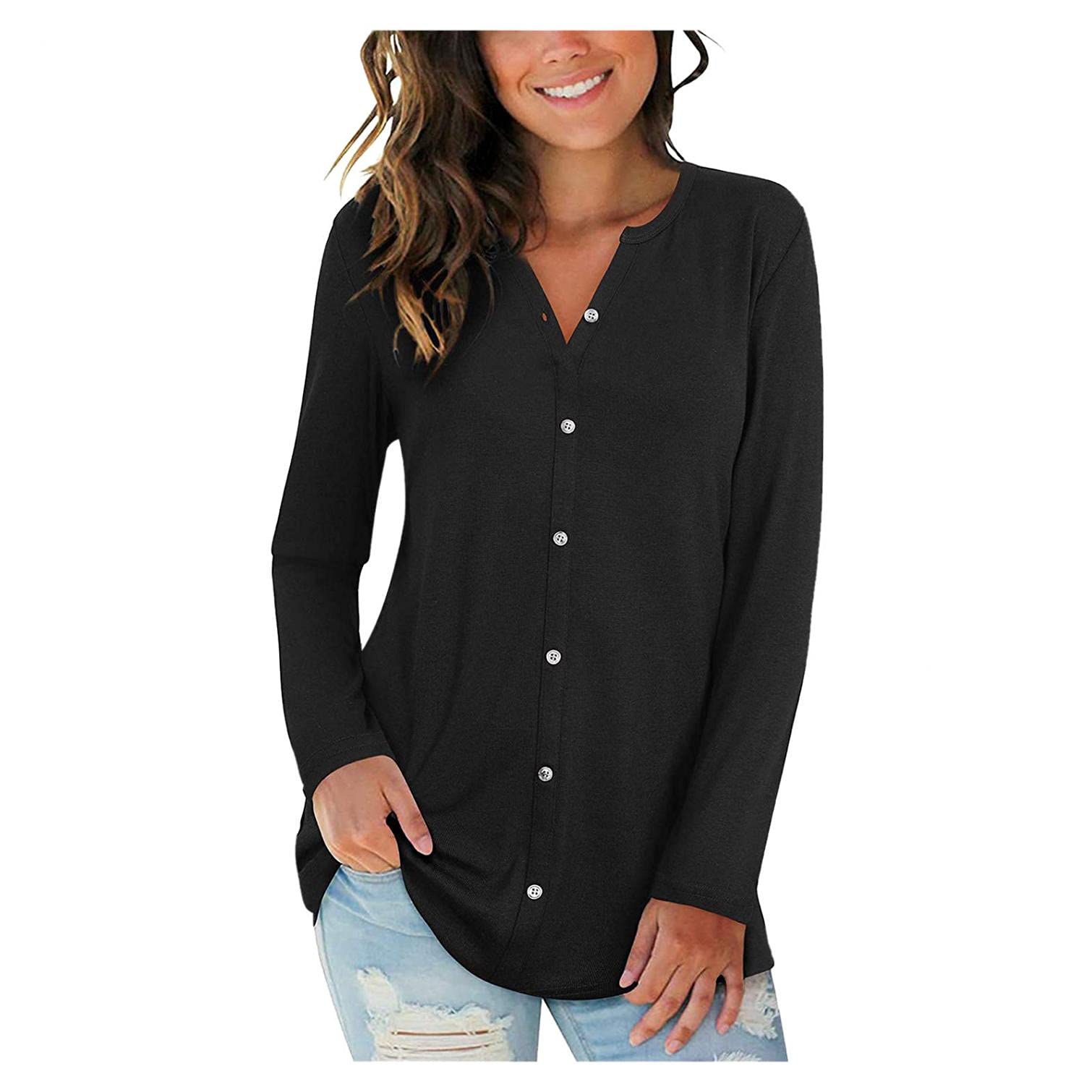 Women's Long Sleeve Tunic Tops - V Neck Button Down Henley Shirts for Casual Wear | Comfortable Blouses for Work, Travel & Everyday Outfits