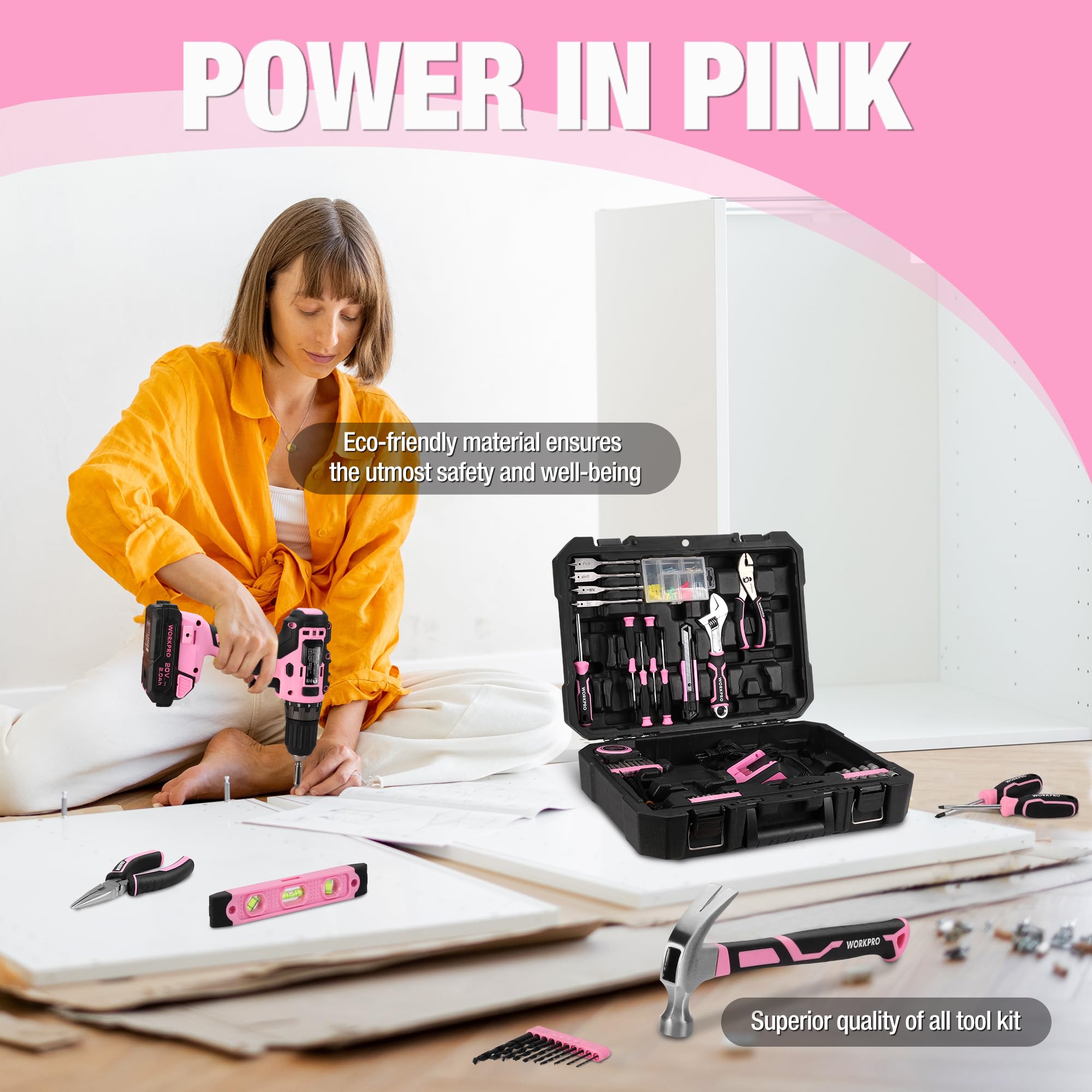 WORKPRO 20V Pink Cordless Drill Driver Kit with 141-Piece Hand Tool Set, 2.0Ah Li-ion Battery & Fast Charger - Perfect for DIY Projects, Home Repairs & Construction Work - Includes Durable Tool Box (Pink Ribbon Edition)