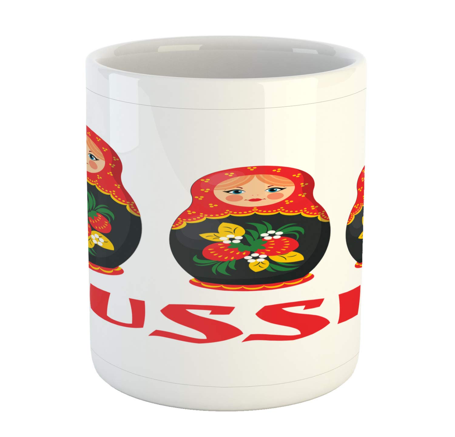 Ambesonne Traditional Russian Matryoshka Nesting Doll Ceramic Coffee Mug - 11 oz Ethnic Art Tea Cup for Water, Coffee & Hot Drinks - Vermilion White Green Design - Perfect for Home, Office & Gift Giving