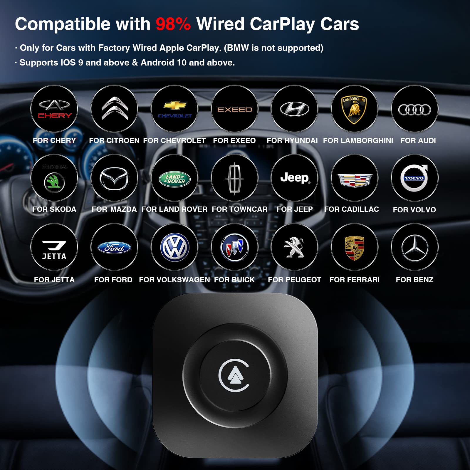Wireless CarPlay Adapter for iPhone - Netflix & YouTube Streaming in Car - Android Auto & Magic Box Compatible with Factory Wired CarPlay Cars (2016+) - Perfect for Road Trips & Commuting