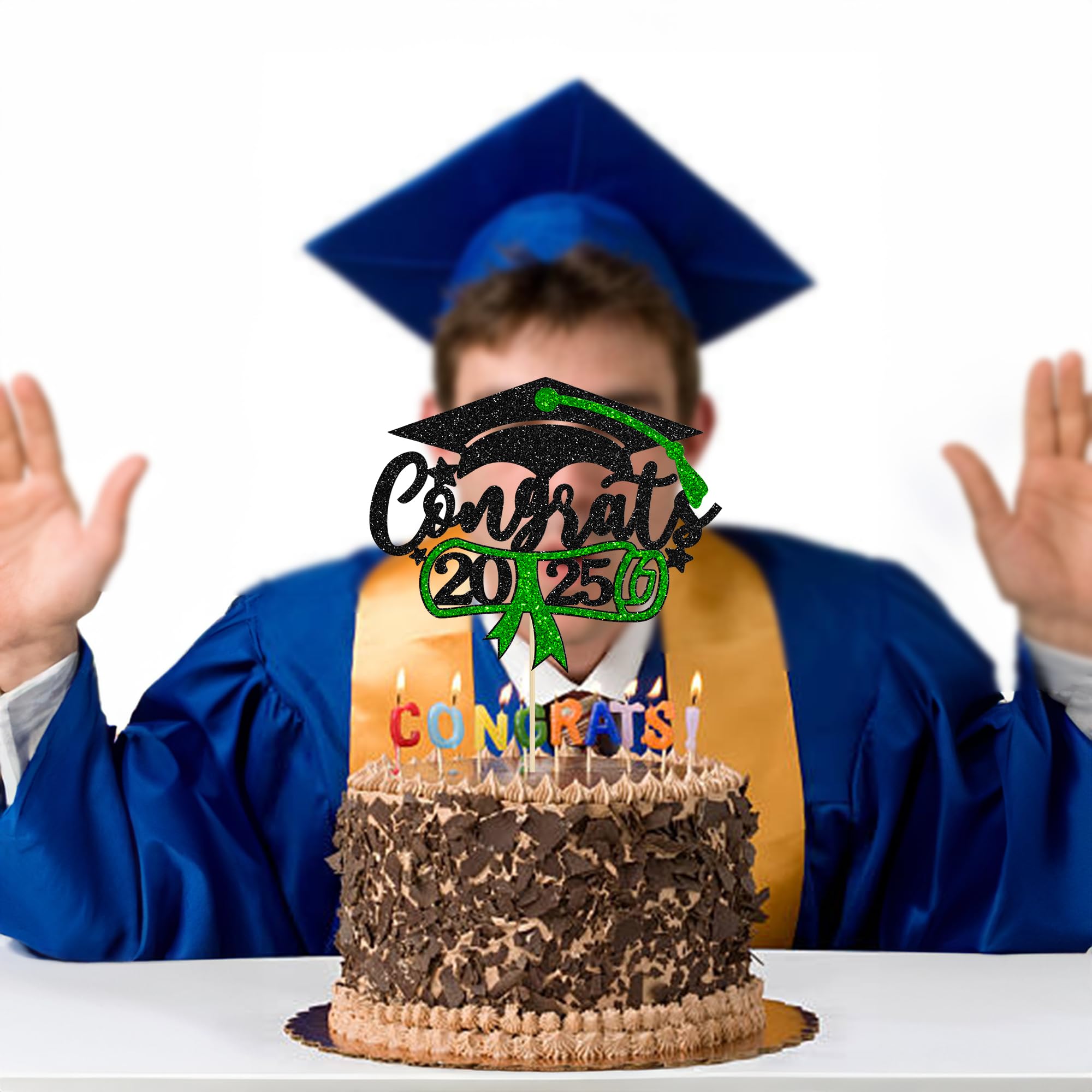 2025 Graduation Cake Topper - Green Glitter Congrats Grad Cap & Diploma Decor for Graduation Party Supplies | Perfect for 2025 Graduation Cakes, Cupcakes & Dessert Table Decorations