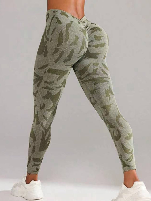 ZASUWA Women's Sexy Camouflage Print High-Waisted Yoga Pants - Deep V Back & Scrunch Butt Lifting Leggings for Workout, Gym & Casual Wear
