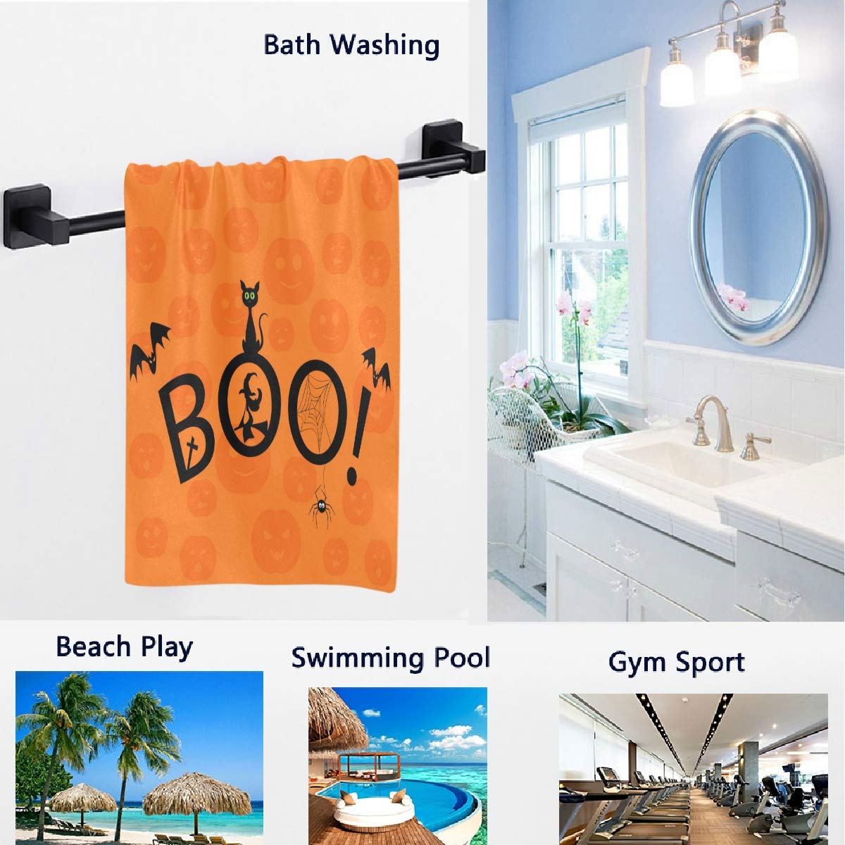 Halloween Black Cat Witch Pumpkin Pattern Soft Large Hand Towels - 16 x 30 Inches Multipurpose Bath, Kitchen, Gym & Spa Towel - Perfect for Halloween Decor, Fall Home Decor & Gift Giving (Orange)