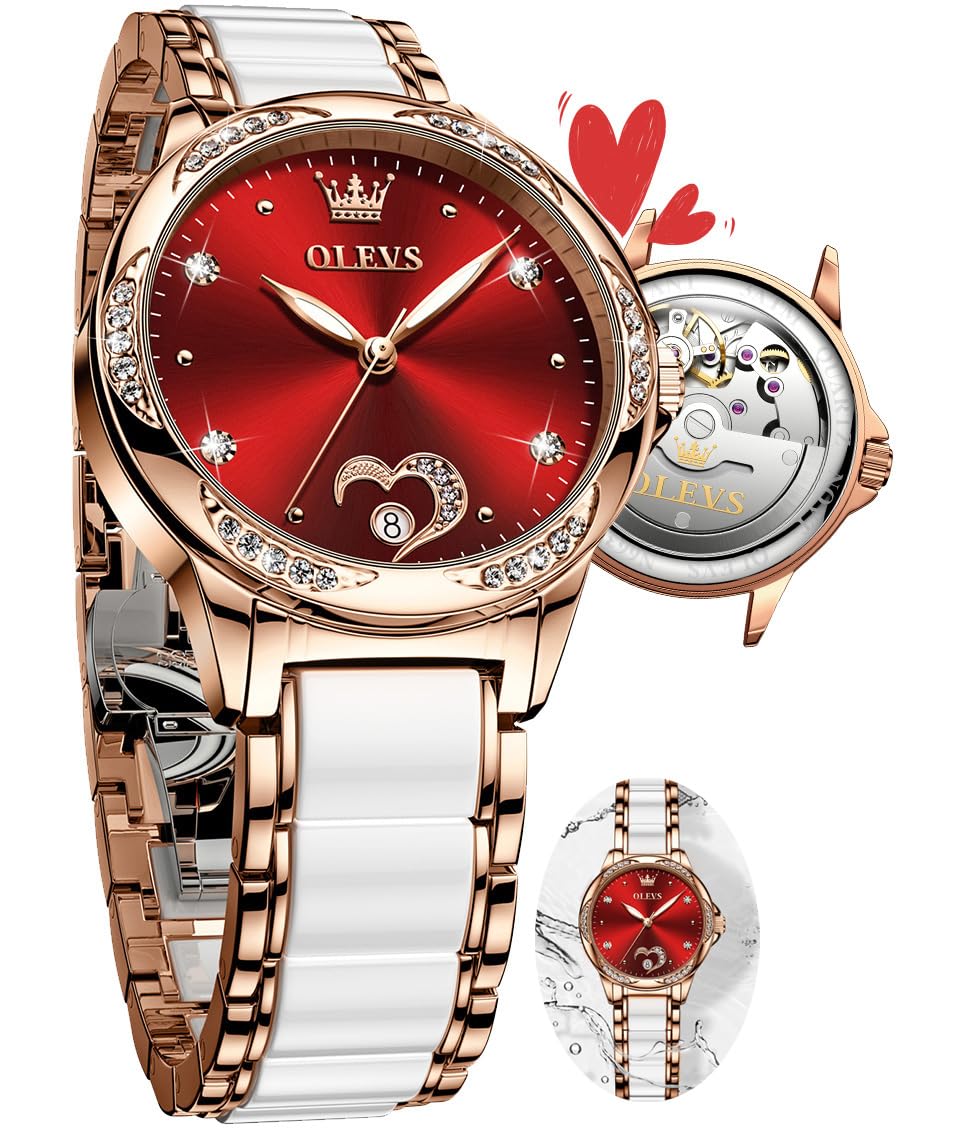 OLEVS Rose Gold Women's Automatic Watch with Two-Tone Stainless Steel & Ceramic Bracelet, Diamond-Accented Self-Winding Ladies Watch - Red/Blue/White Dial (No Battery Required) | Perfect for Office, Party & Everyday Wear