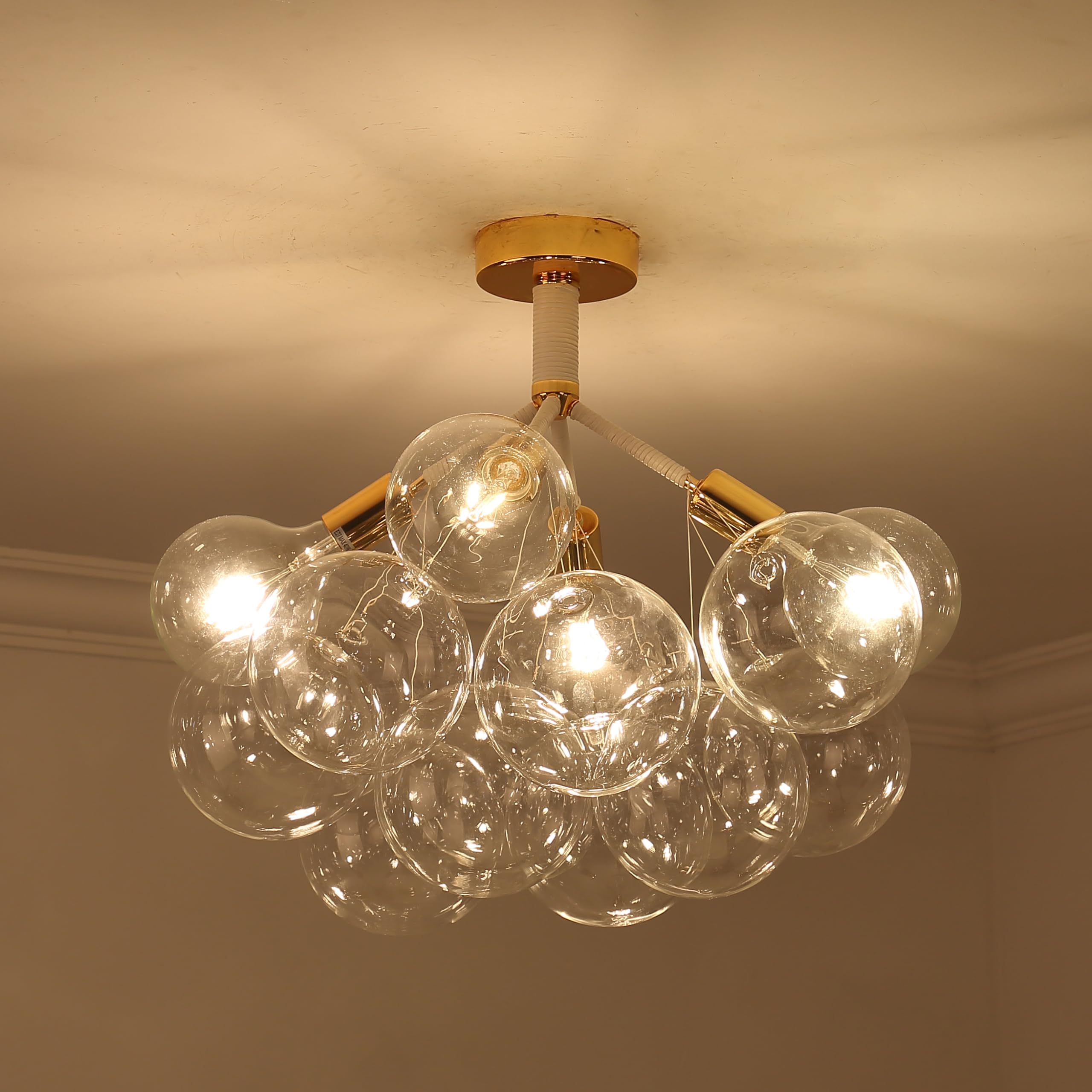 Modern Flush Mount Ceiling Light with Clear Glass Bubble Globes - Gold Chandelier for Dining Room, Entryway, or Foyer - 4-Light Fixture - Perfect for Home Decor, Restaurants, and Hotel Lobbies