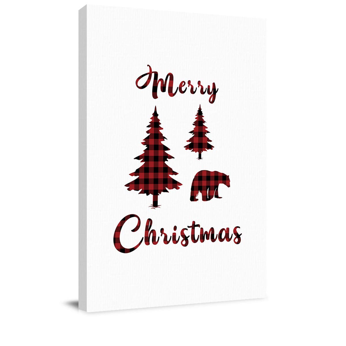 Merry Christmas Tree Bear Buffalo Plaid Wall Art - Red & Black Framed Abstract Canvas Painting Print - Ready to Hang Home Decor for Bedroom, Bathroom, Kitchen - Perfect Holiday Gift (12x18 Inches) - Ideal for Festive Home Decor, Holiday Parties & Cozy Winter Ambiance
