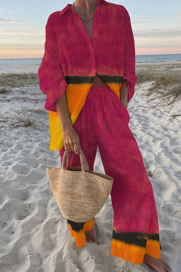 Stylish Sunset Ombre Print Oversized Shirt & Elastic Waist Pocket Pants Set - Trendy Women's Loungewear for Casual Outings, Beach Cover-Up, and Relaxing at Home