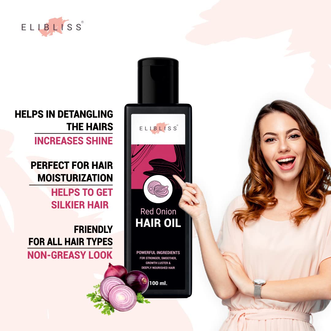 ELIBLISS Red Onion Hair Oil - Promotes Growth & Reduces Hair Fall (100ml) for Silky Hair at Home & Salon