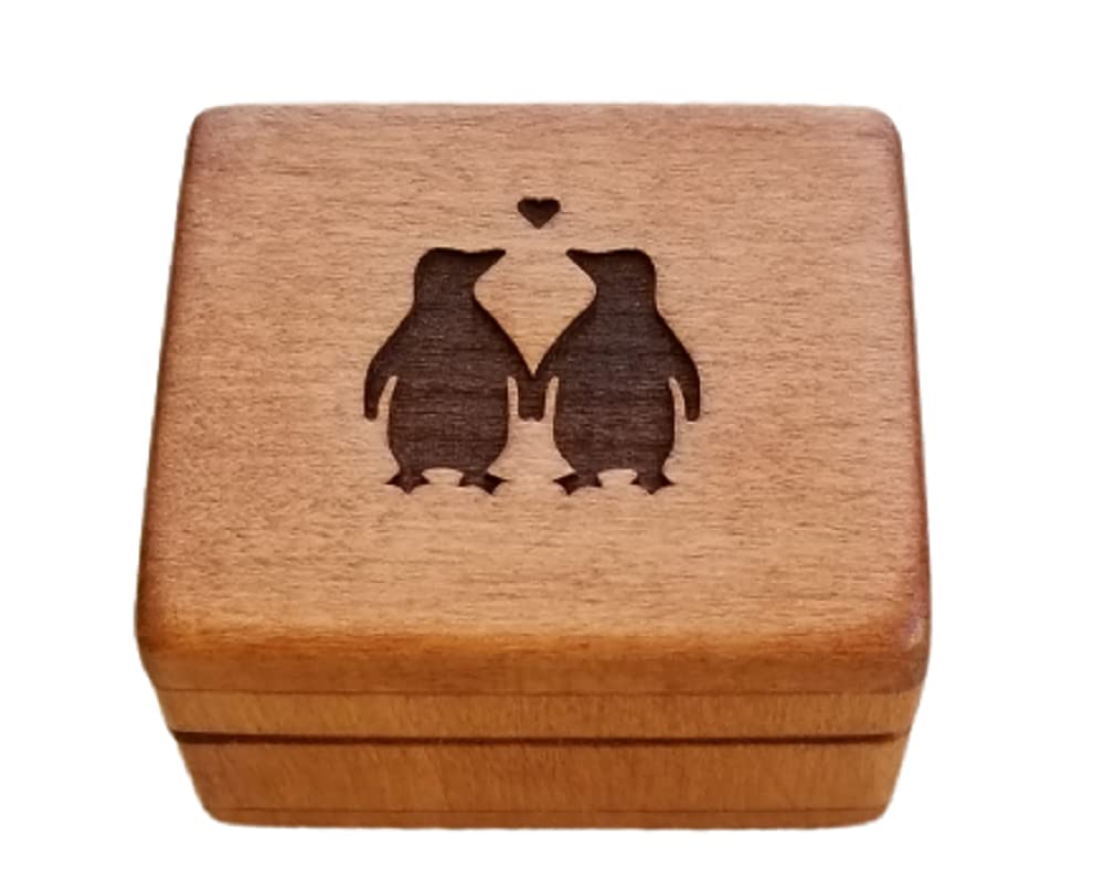 Handmade Wooden Engagement Ring Box with Adorable Love Penguins - Perfect for Proposals, Anniversaries & Wedding Gifts | SimplyCoolGifts