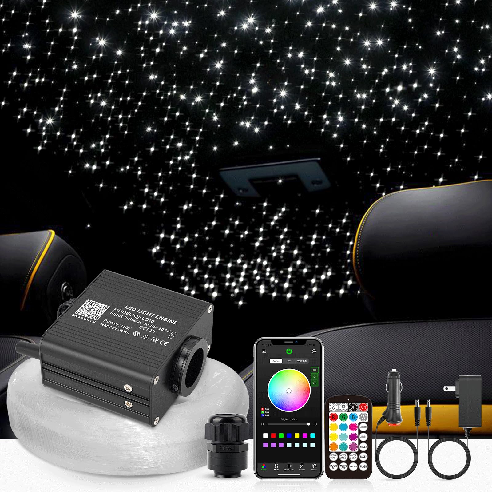 16W Twinkle Starlight Headliner Kit - 650pcs 0.03in Fiber Optic Strands with Bluetooth APP/Remote/Music Control, RGBW Car Star Ceiling Light Kit with Adapter & Car Plug - Perfect for Car Interior Lighting & Home Decoration