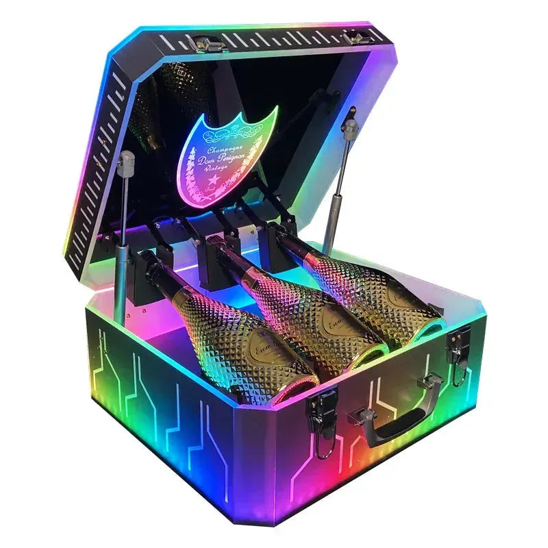 Rainbow LED Champagne Bottle Display Case - Ace of Spade Themed Suitcase Style Wine Carrier for Nightclubs, Bars & Parties | Glowing Drink Showcase for Special Events & VIP Celebrations