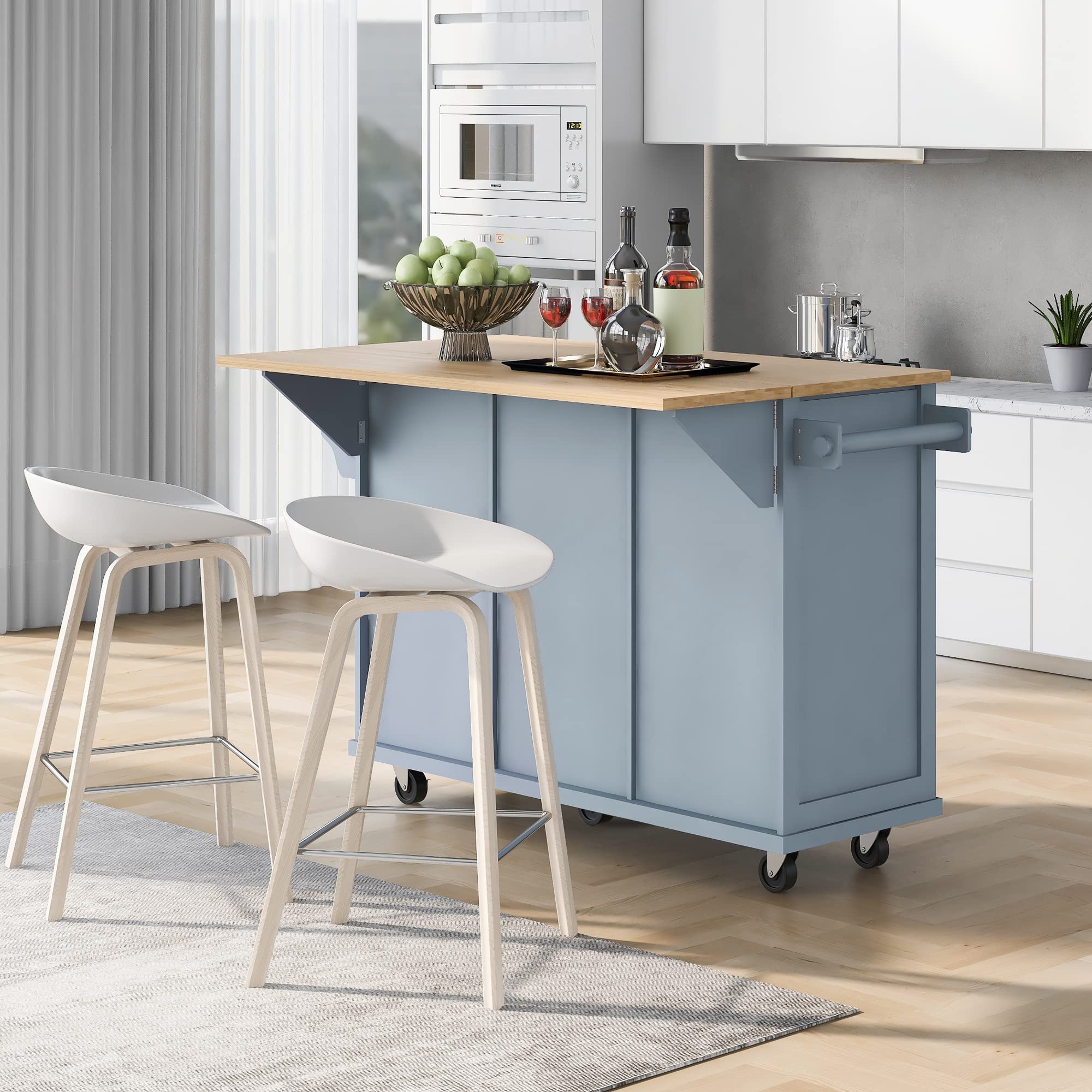 Multi-Functional Kitchen Island Cart with Drop-Leaf Cabinet, 5-Wheel Mobile Base, 3 Storage Drawers & Internal Rack - 53.1