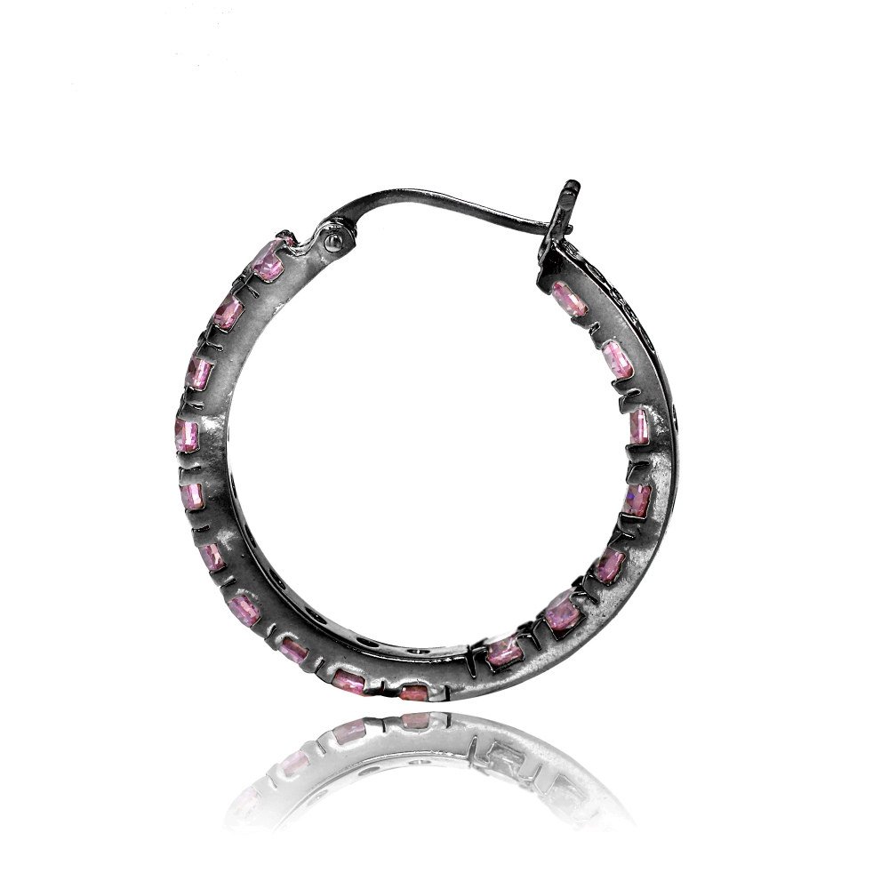 Sterling Silver Light Pink Cubic Zirconia Inside Out 3x20mm Round Hoop Earrings for Women - Elegant Everyday Jewelry, Perfect for Parties, Weddings & Gifts