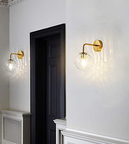 LITFAD Golden Spherical Wall Lamp - Minimalist 1 Light Rippled Glass Wall Sconce, Modern LED Wall Light Fixture for Kitchen, Study, Bedroom, Foyer - Perfect for Ambient Lighting in Living Rooms and Hallways