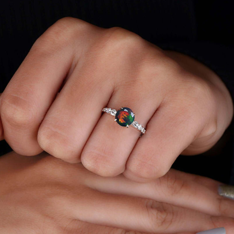 Exquisite Black Fire Ethiopian Opal Wedding Ring for Women - Elegant Round Dainty Band for Engagement, Anniversary & Special Occasions