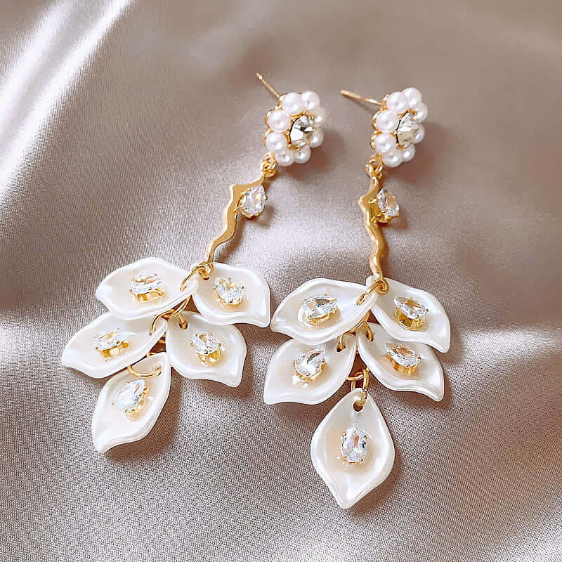 Pearl Petal Drop Earrings N2393 - Elegant Floral Dangle Earrings for Women, Perfect for Weddings, Parties & Special Occasions